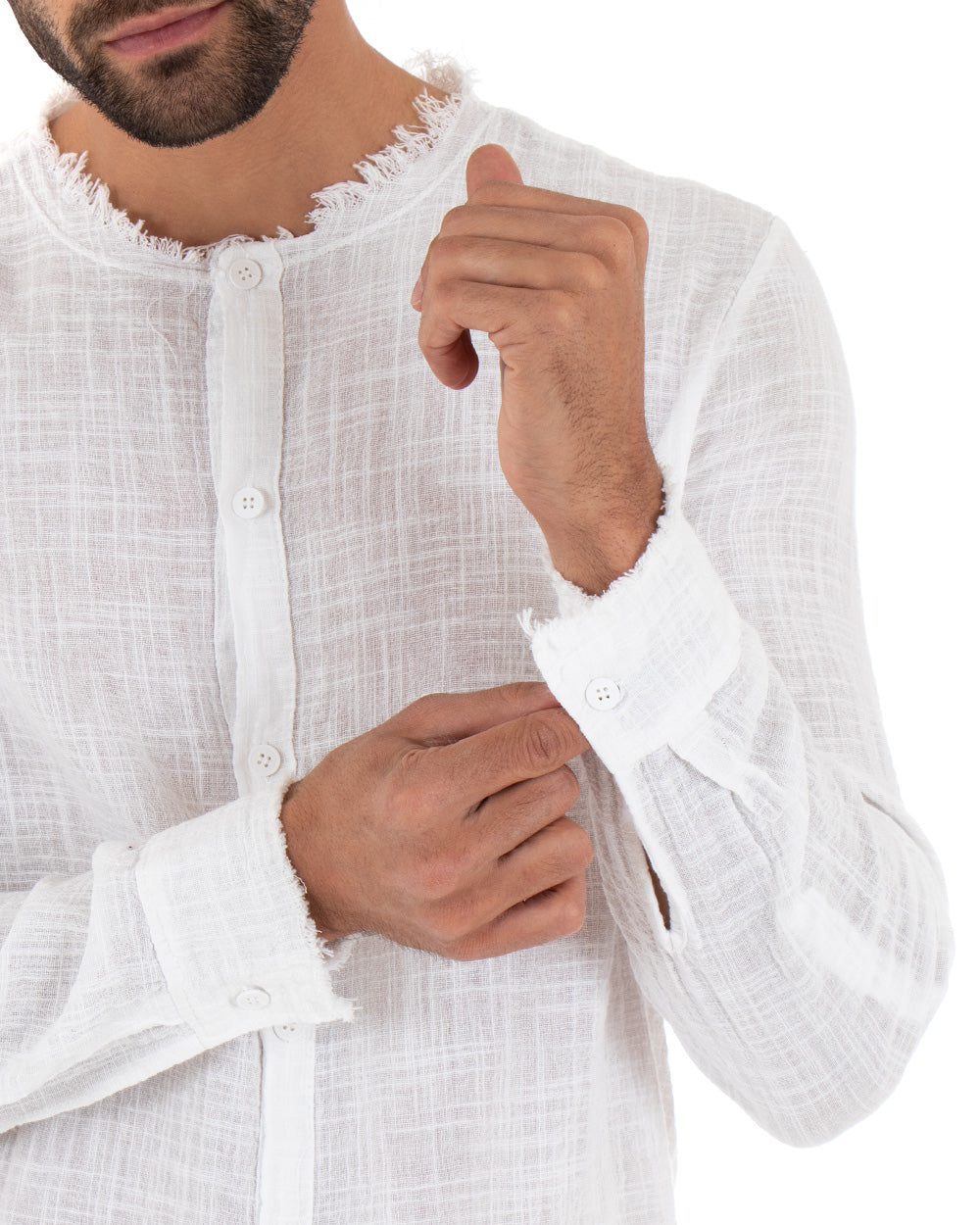 Camicia Uomo Sfrangiata Tinta Unita Bianco Manica Lunga Casual Cotone Lino GIOSAL-C2729A