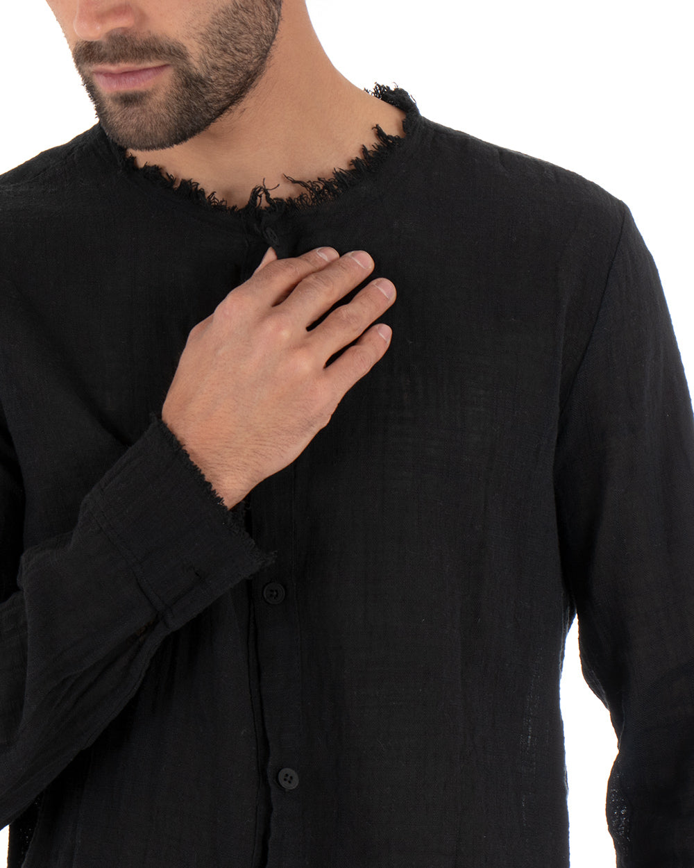 Camicia Uomo Sfrangiata Tinta Unita Nero Manica Lunga Casual Cotone Lino GIOSAL-C2730A