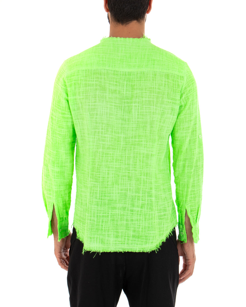 Camicia Uomo Sfrangiata Tinta Unita Verde Fluo Manica Lunga Casual Cotone Lino GIOSAL-C2731A