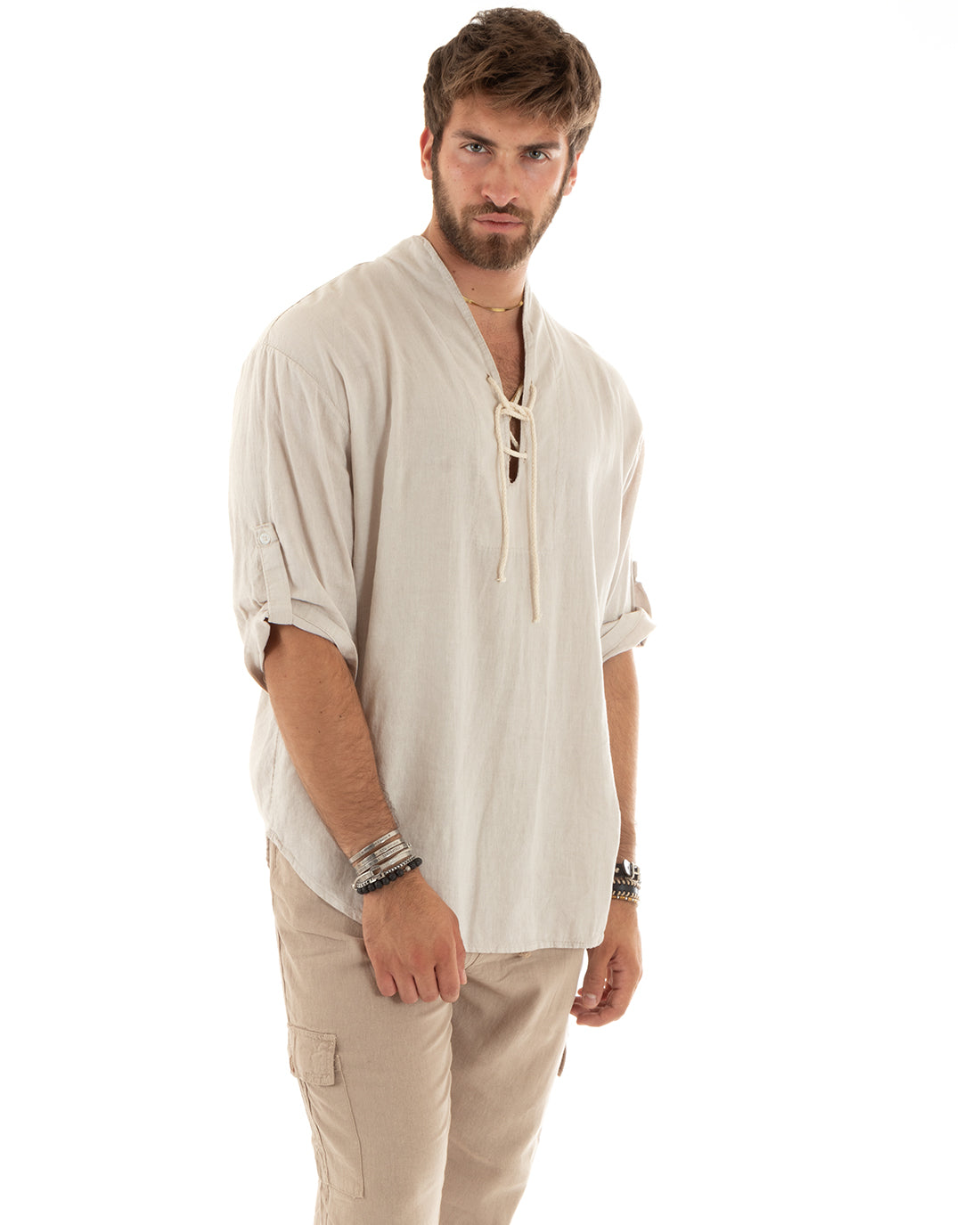Men's Linen Shirt Solid Color Tunic 3/4 Sleeve V-Neck with Laces Green Casual GIOSAL-C2740A