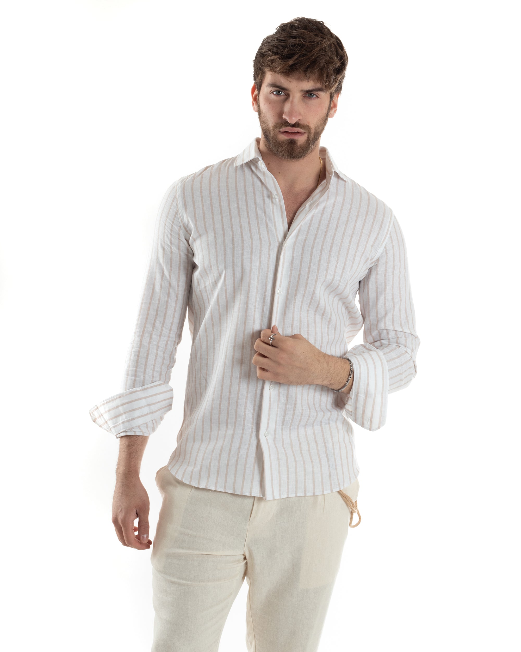 Men's Shirt With French Collar Long Sleeve Linen Narrow Stripe Casual Beige GIOSAL-C2750A