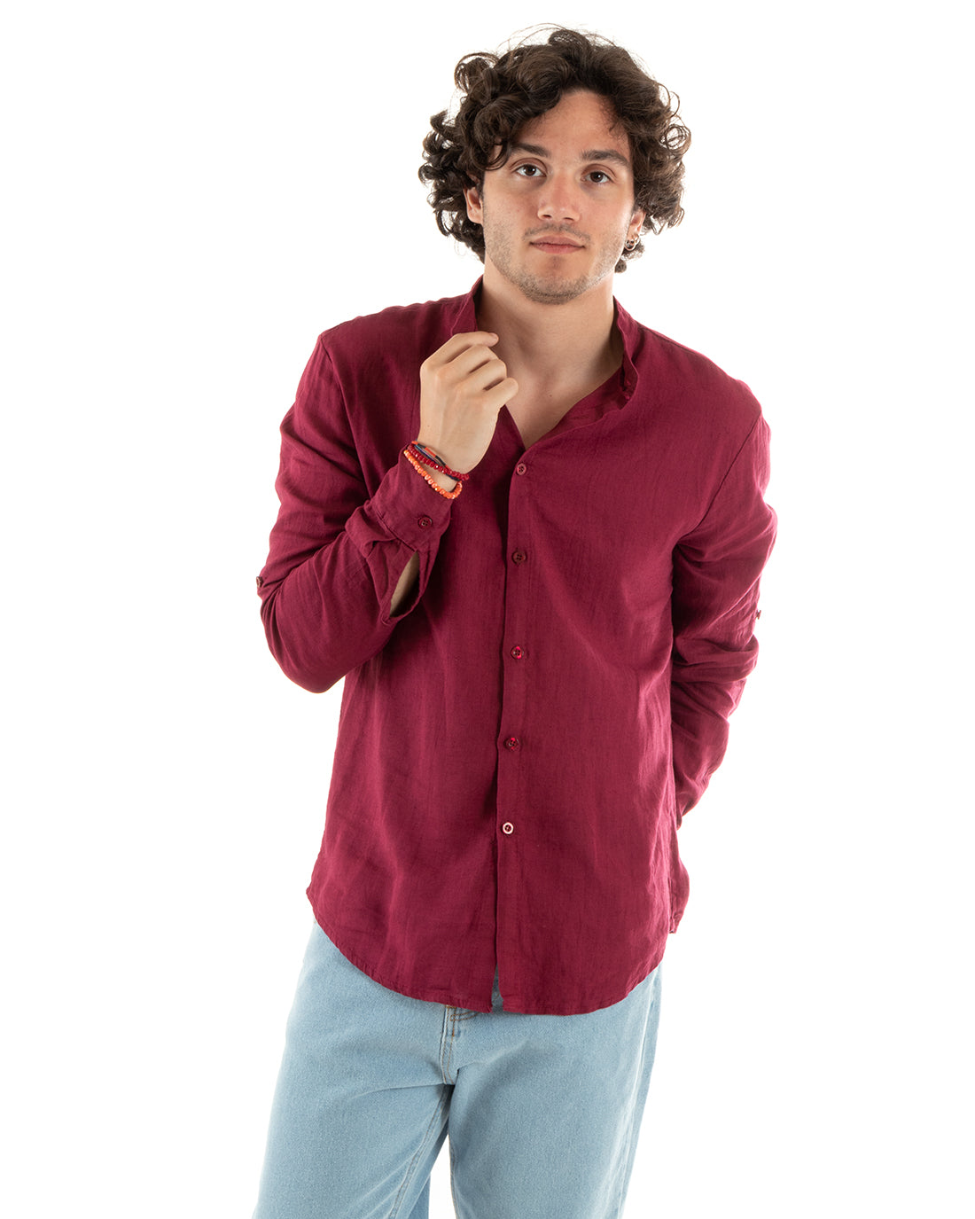 Men's Mandarin Collar Shirt Slim Fit Linen Solid Color Long Sleeves Bordeaux GIOSAL-C2777A