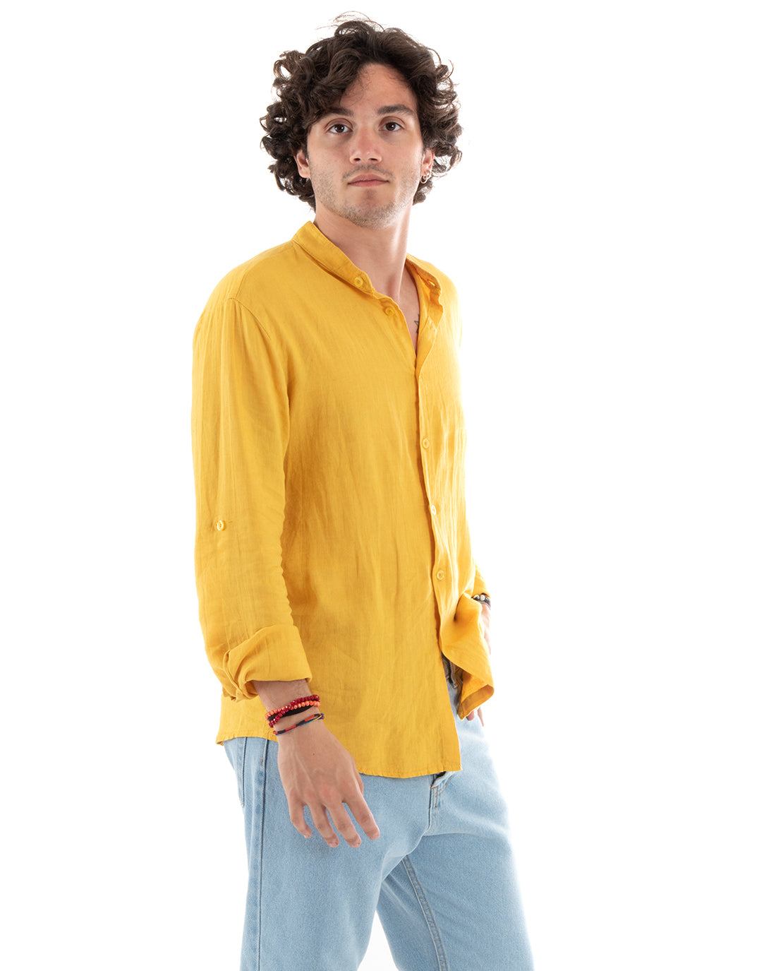 Men's Mandarin Collar Shirt Slim Fit Linen Solid Color Long Sleeves Mustard GIOSAL-C2778A