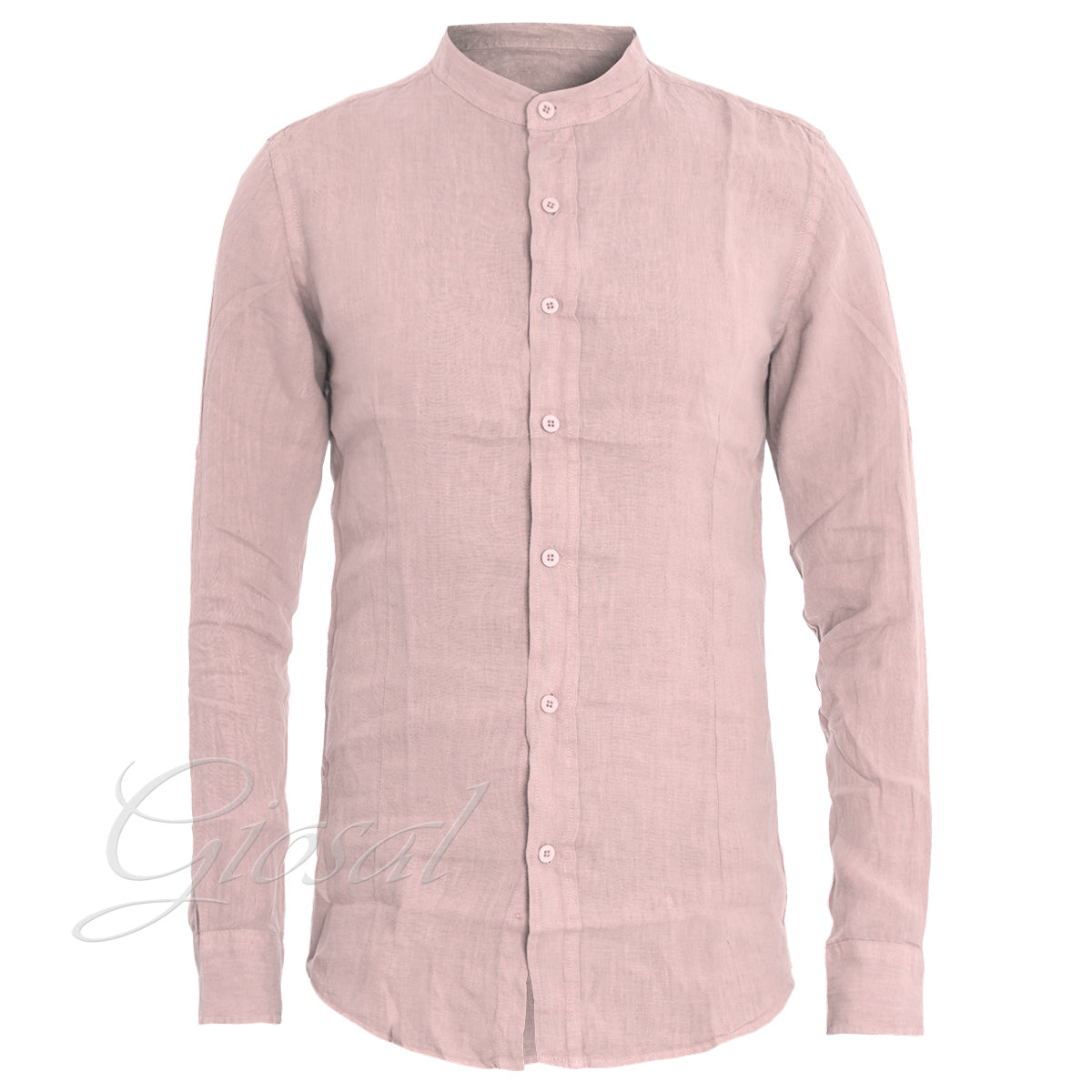 Camicia Uomo Collo Coreano Slim Fit Lino Tinta Unita Maniche Lunghe Rosa GIOSAL-C2879A