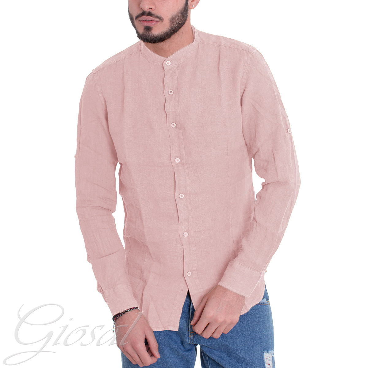 Camicia Uomo Collo Coreano Slim Fit Lino Tinta Unita Maniche Lunghe Rosa GIOSAL-C2879A