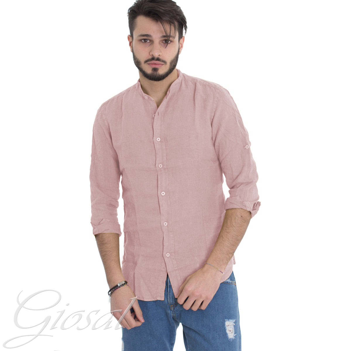 Camicia Uomo Collo Coreano Slim Fit Lino Tinta Unita Maniche Lunghe Rosa GIOSAL-C2879A