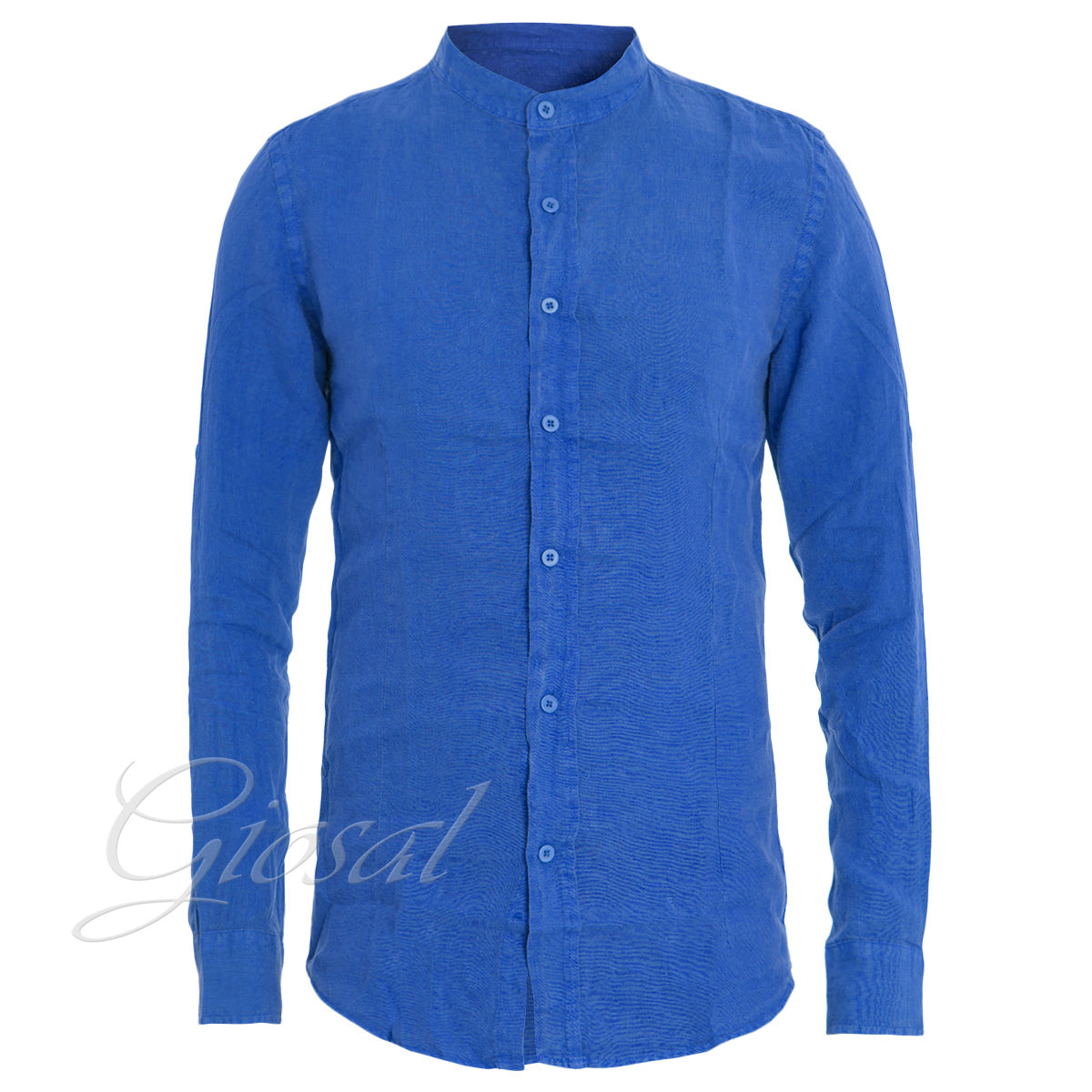 Camicia Uomo Collo Coreano Slim Fit Lino Tinta Unita Maniche Lunghe Blu Royal GIOSAL-C2882A