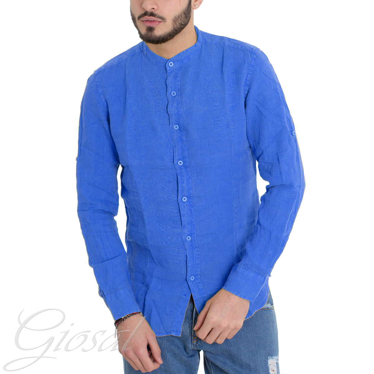 Camicia Uomo Collo Coreano Slim Fit Lino Tinta Unita Maniche Lunghe Blu Royal GIOSAL-C2882A