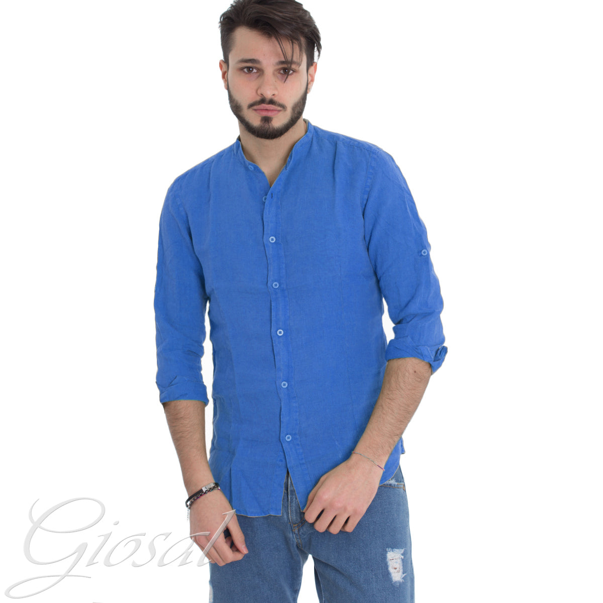 Camicia Uomo Collo Coreano Slim Fit Lino Tinta Unita Maniche Lunghe Blu Royal GIOSAL-C2882A