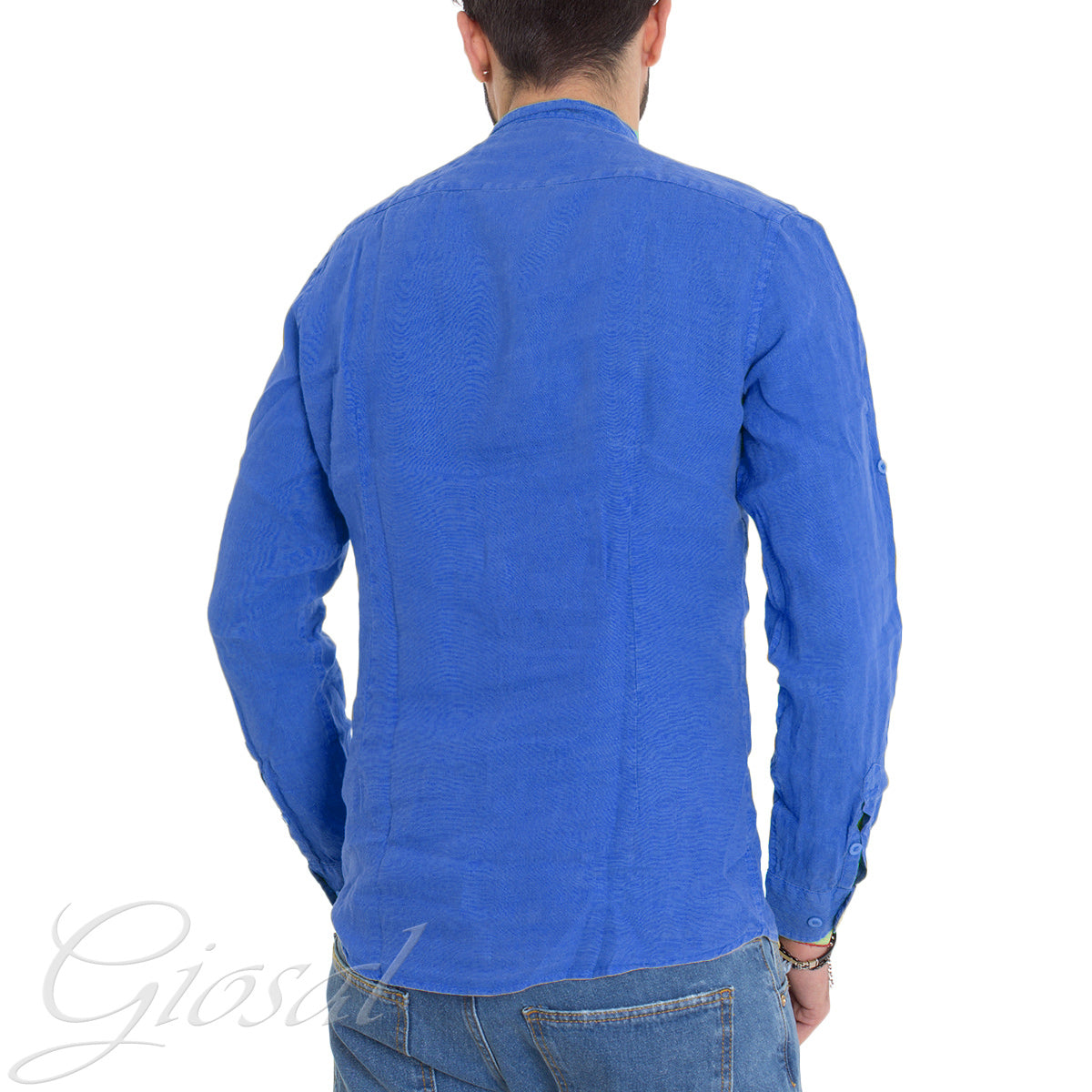 Camicia Uomo Collo Coreano Slim Fit Lino Tinta Unita Maniche Lunghe Blu Royal GIOSAL-C2882A