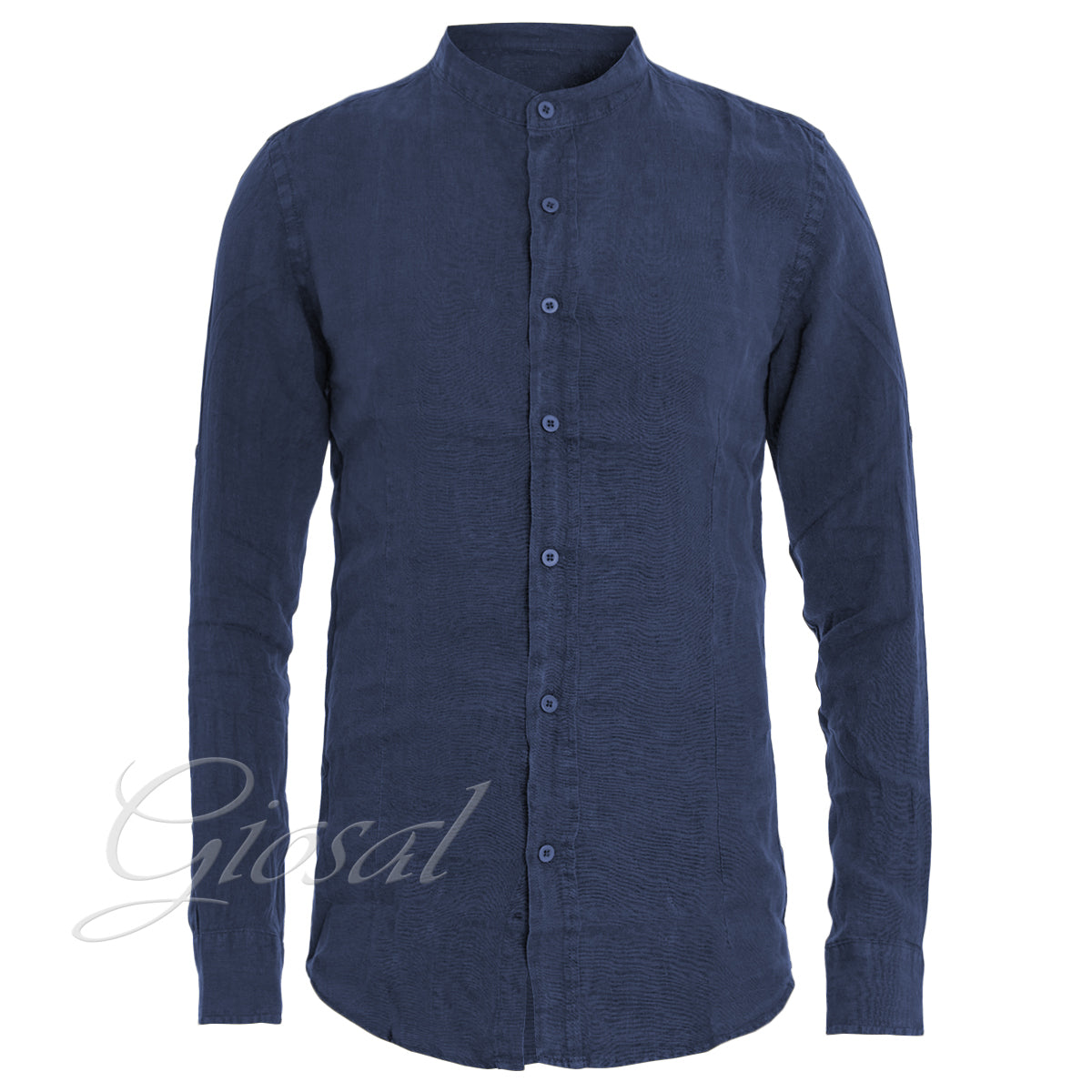 Camicia Uomo Collo Coreano Slim Fit Lino Tinta Unita Maniche Lunghe Blu GIOSAL-C2883A