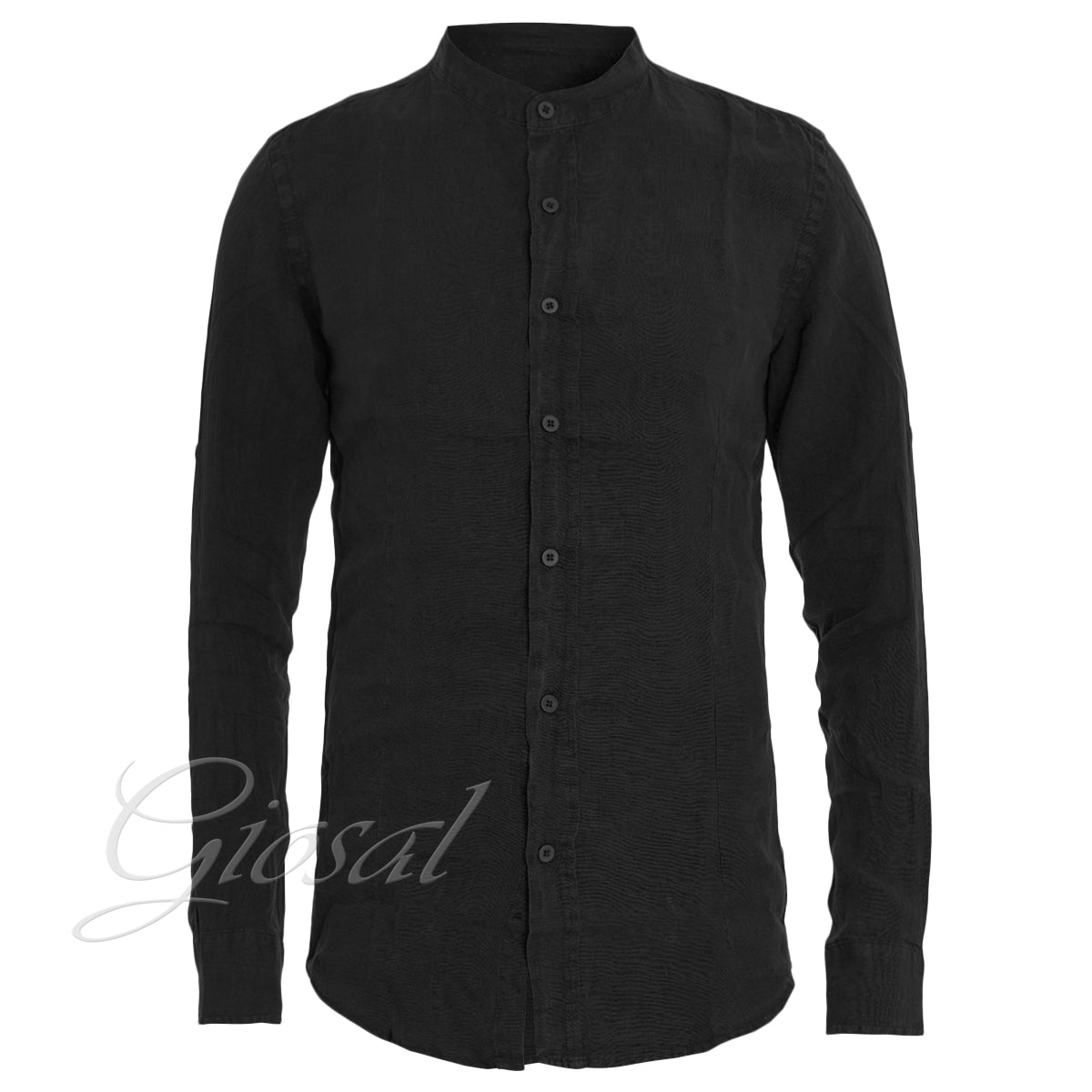 Camicia Uomo Collo Coreano Slim Fit Lino Tinta Unita Maniche Lunghe Nero GIOSAL-C2884A