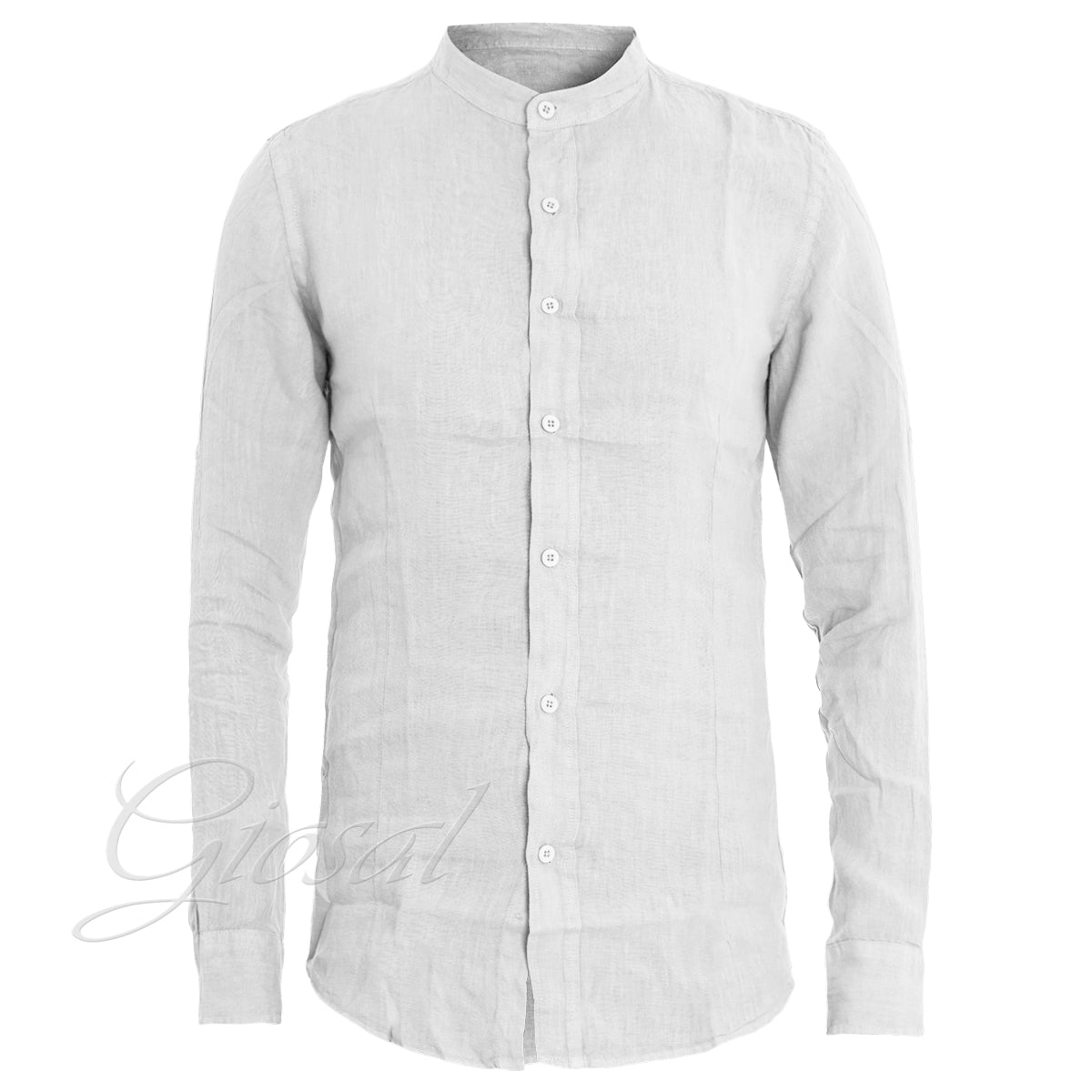 Camicia Uomo Collo Coreano Slim Fit Lino Tinta Unita Maniche Lunghe Bianco GIOSAL-C2885A