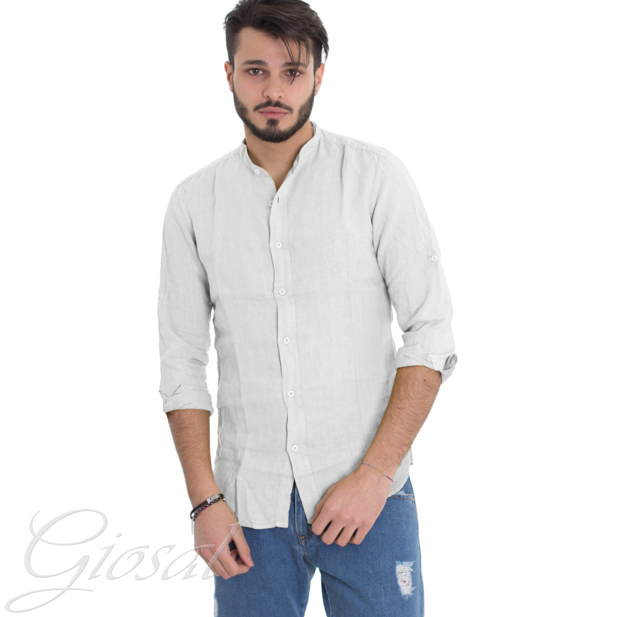 Camicia Uomo Collo Coreano Slim Fit Lino Tinta Unita Maniche Lunghe Bianco GIOSAL-C2885A