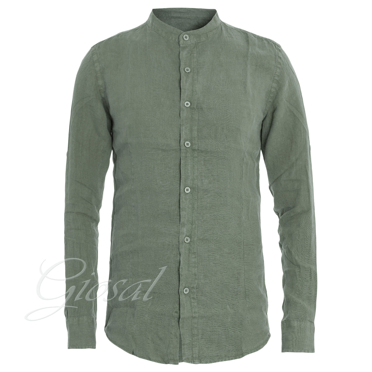 Camicia Uomo Collo Coreano Slim Fit Lino Tinta Unita Maniche Lunghe Verde GIOSAL-C2886A