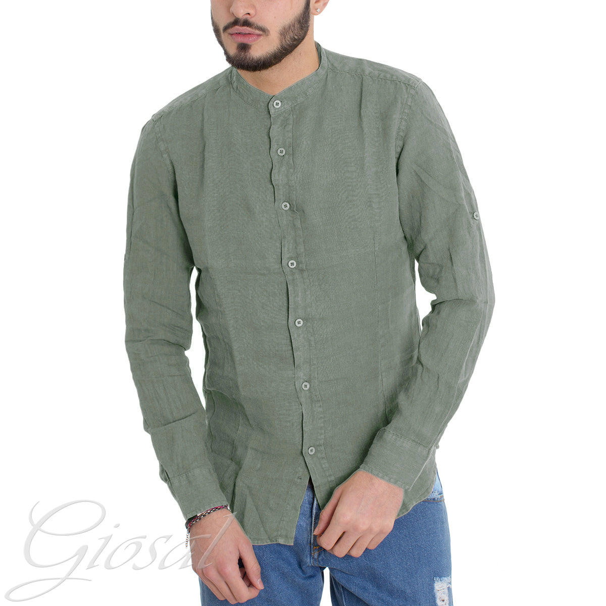 Camicia Uomo Collo Coreano Slim Fit Lino Tinta Unita Maniche Lunghe Verde GIOSAL-C2886A