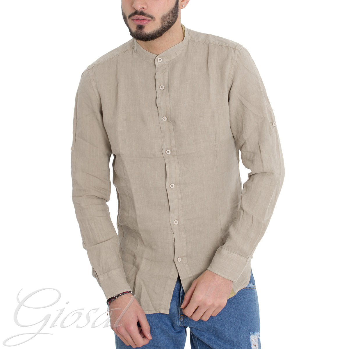 Camicia Uomo Collo Coreano Slim Fit Lino Tinta Unita Maniche Lunghe Beige GIOSAL-C2888A