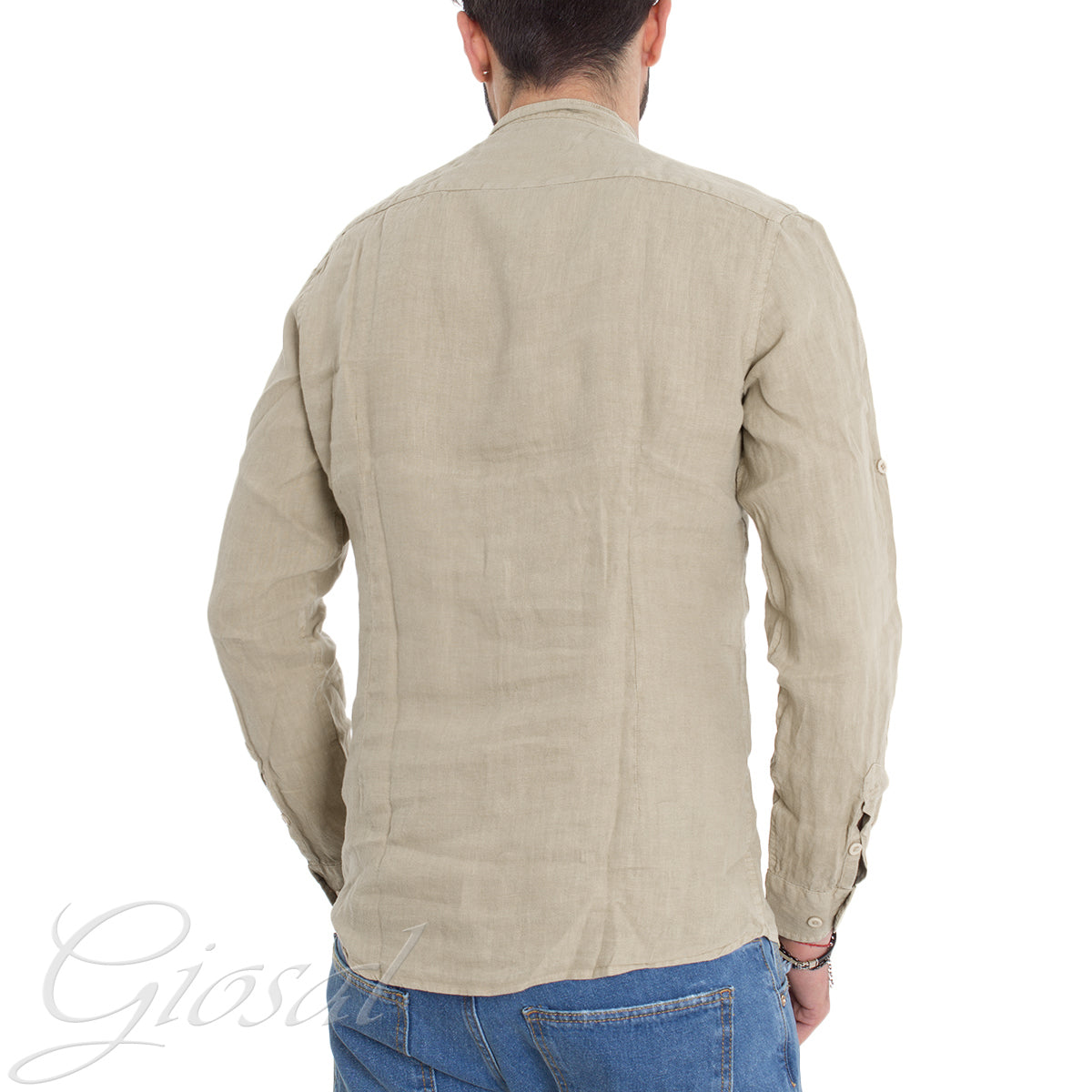 Camicia Uomo Collo Coreano Slim Fit Lino Tinta Unita Maniche Lunghe Beige GIOSAL-C2888A