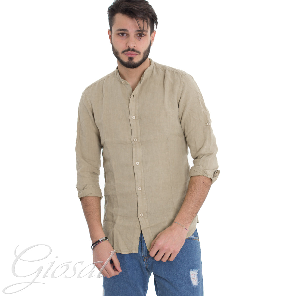 Camicia Uomo Collo Coreano Slim Fit Lino Tinta Unita Maniche Lunghe Beige GIOSAL-C2888A