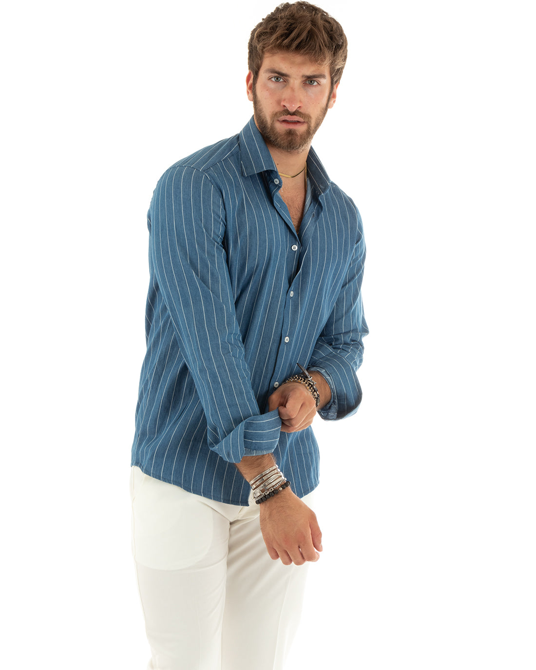 Camicia Uomo Con Colletto Manica Lunga Fantasia Rigata Cotone Jeans Denim GIOSAL-C2803A