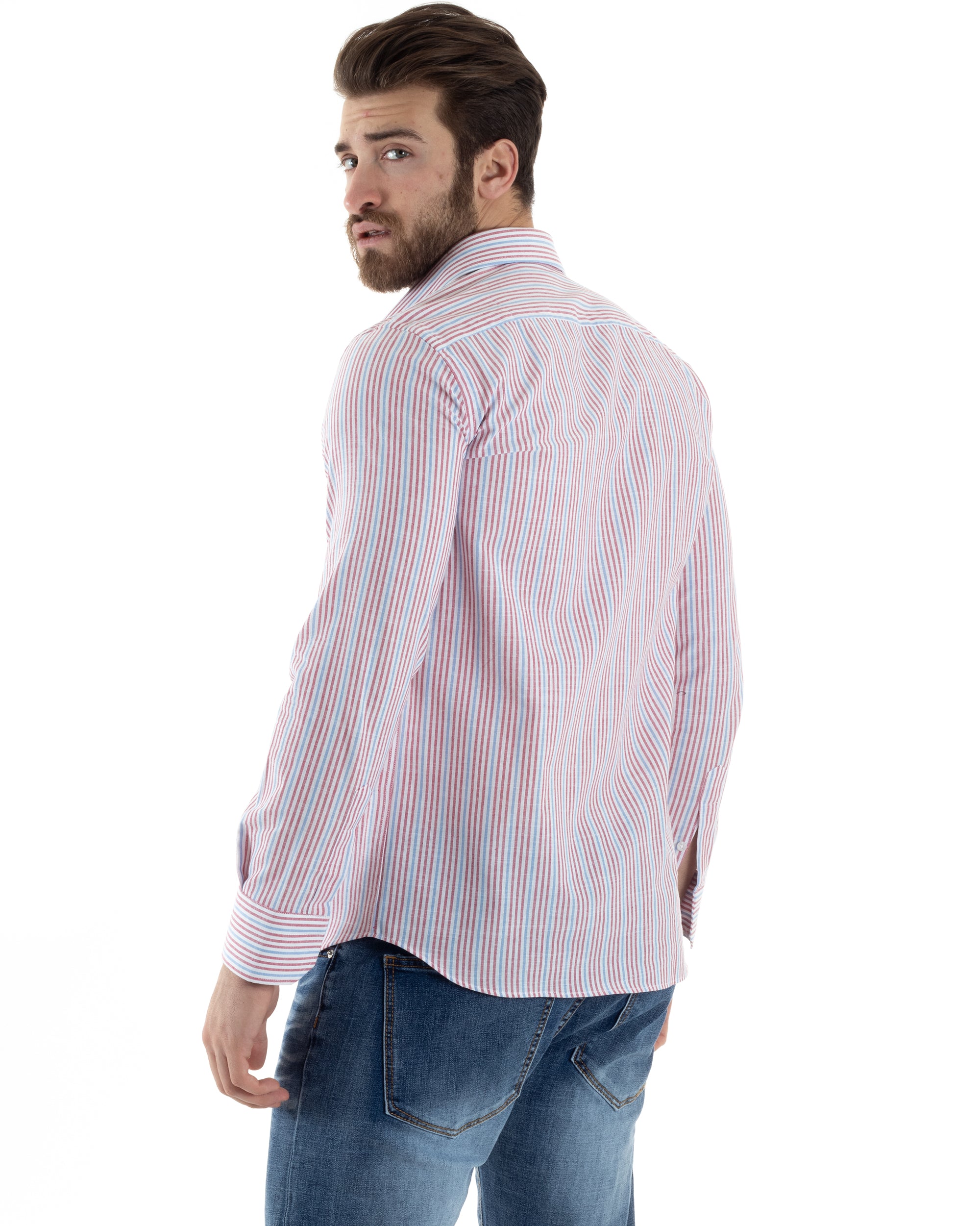 Men's Shirt With French Collar Long Sleeve Linen Narrow Stripe Casual Blue GIOSAL-C2748A
