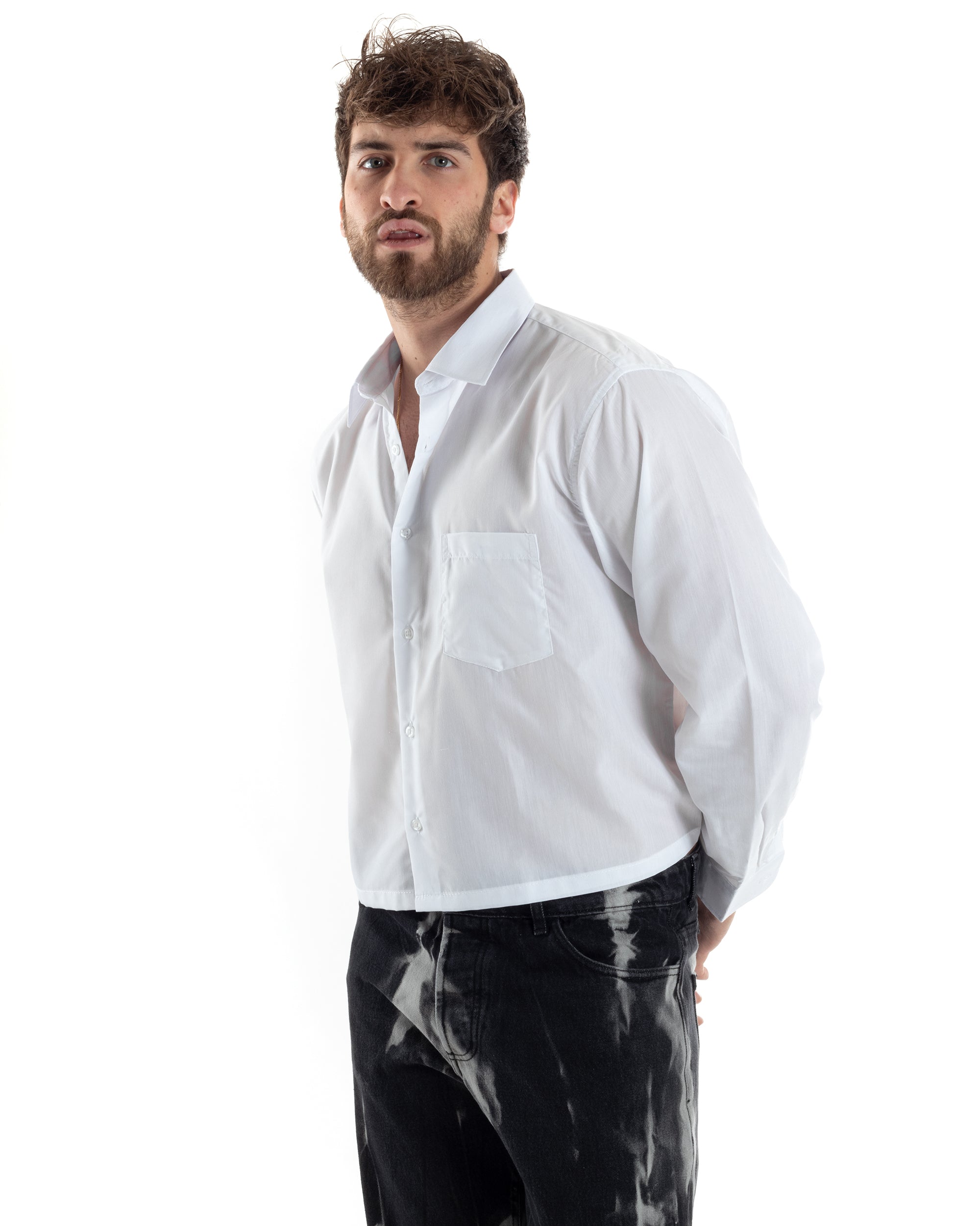 Camicia Uomo Cropped Manica Lunga Tinta Unita Bianco Boxy Fit Casual GIOSAL-C2822A