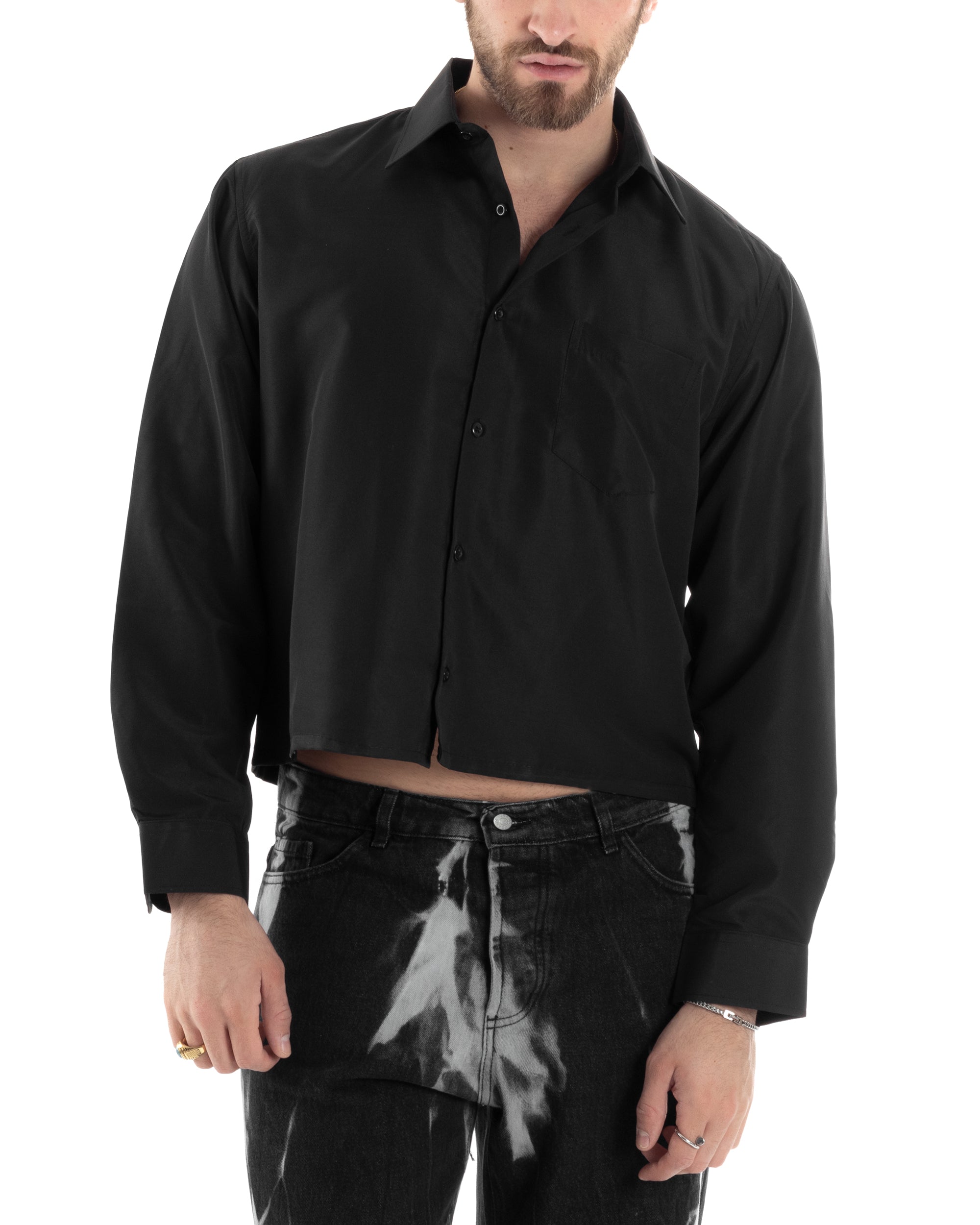 Men's Short Sleeve Shirt Cropped Solid Color Black Boxy Fit Casual GIOSAL-CC1175A