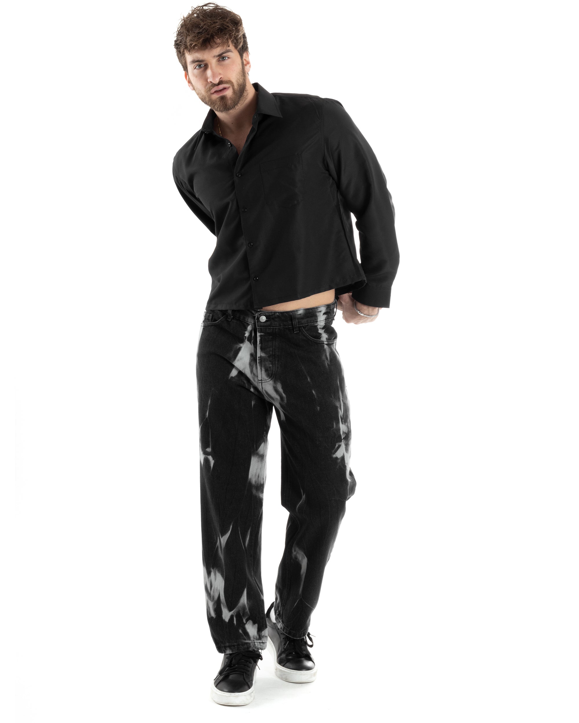 Camicia Uomo Cropped Manica Lunga Tinta Unita Nero Boxy Fit Casual GIOSAL-C2823A
