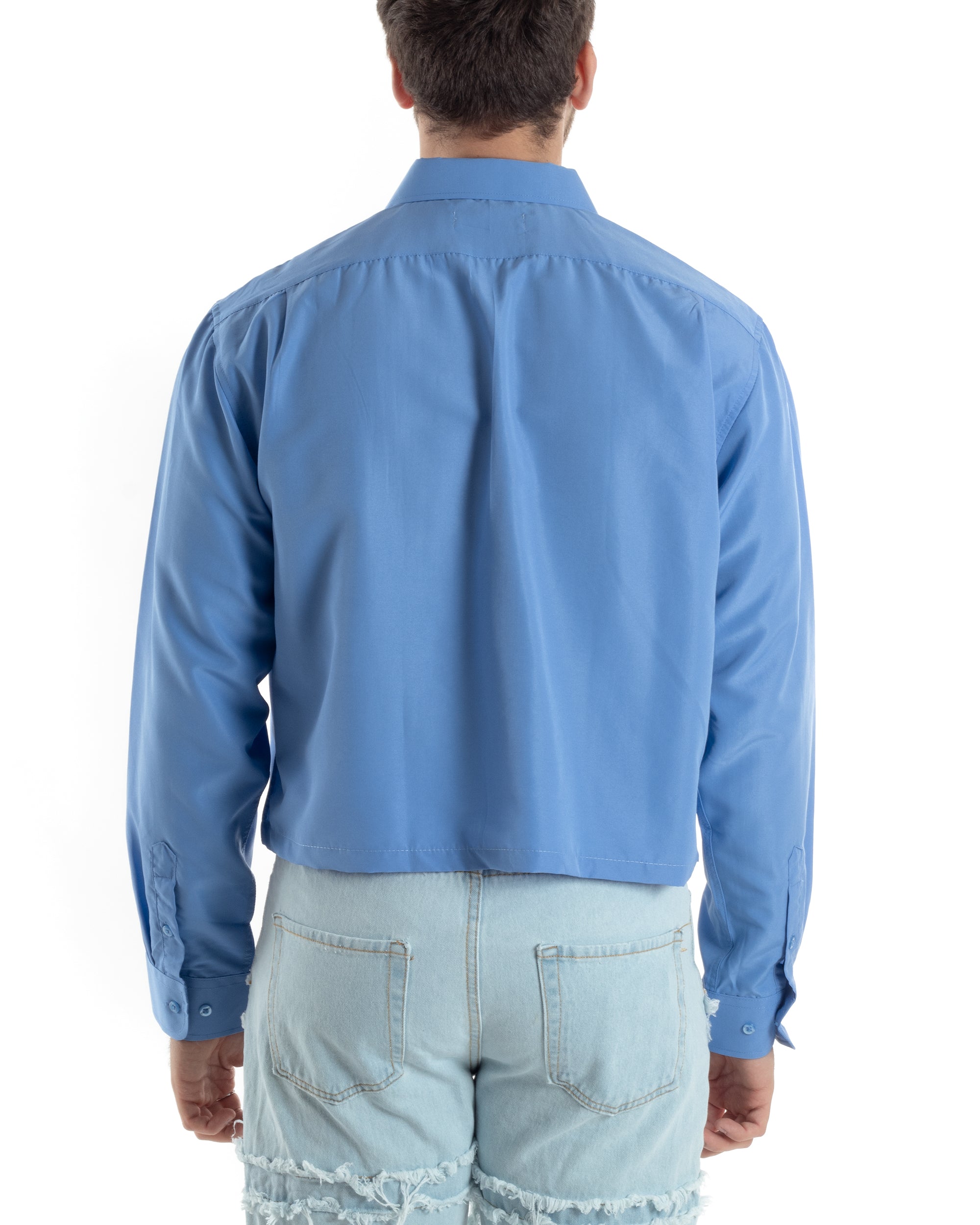 Camicia Uomo Cropped Manica Lunga Tinta Unita Azzurro Boxy Fit Casual GIOSAL-C2824A