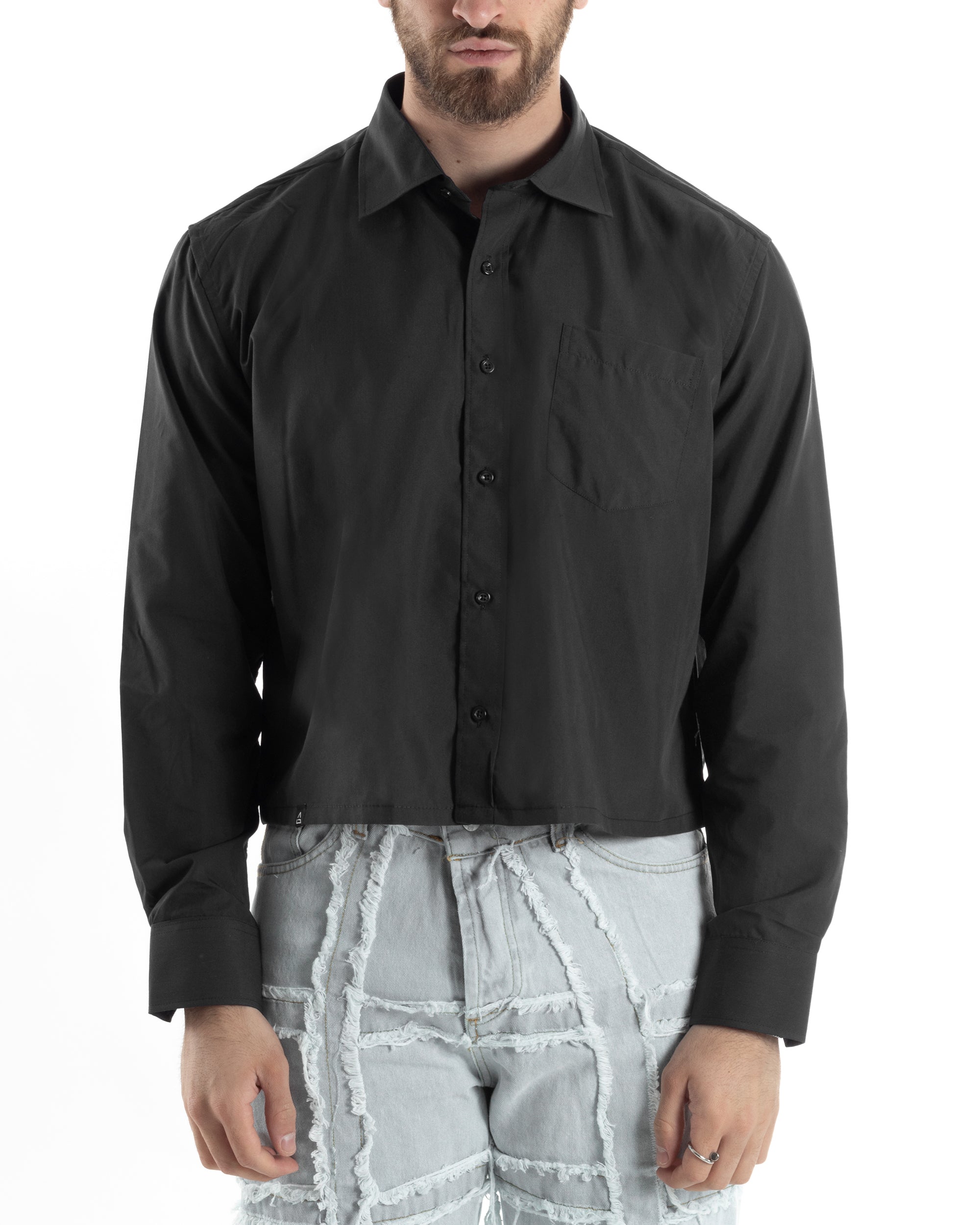 Men's Short Sleeve Shirt Cropped Solid Color Black Boxy Fit Casual GIOSAL-CC1175A