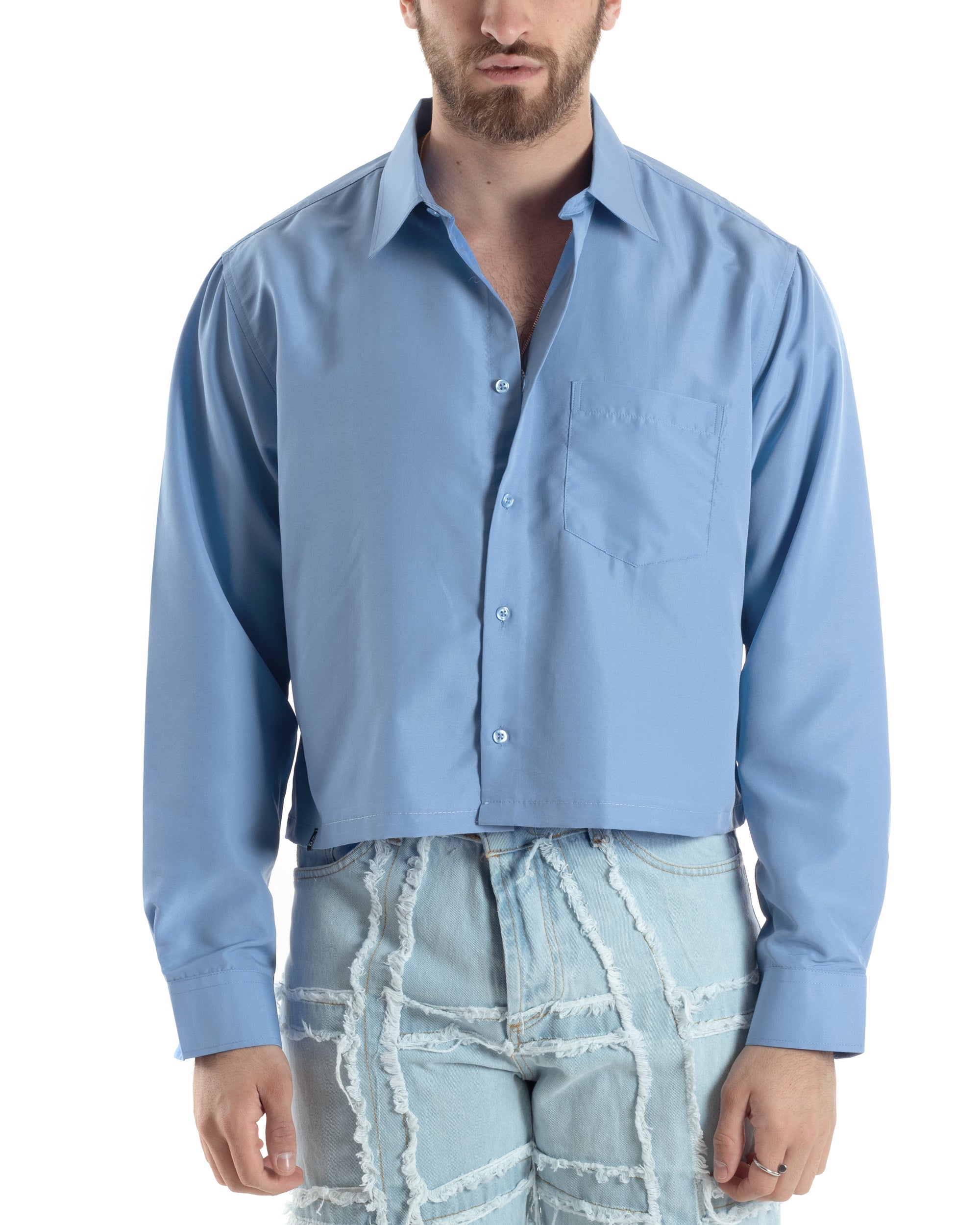 Camicia Uomo Cropped Manica Lunga Tinta Unita Polvere Boxy Fit Casual GIOSAL-C2828A