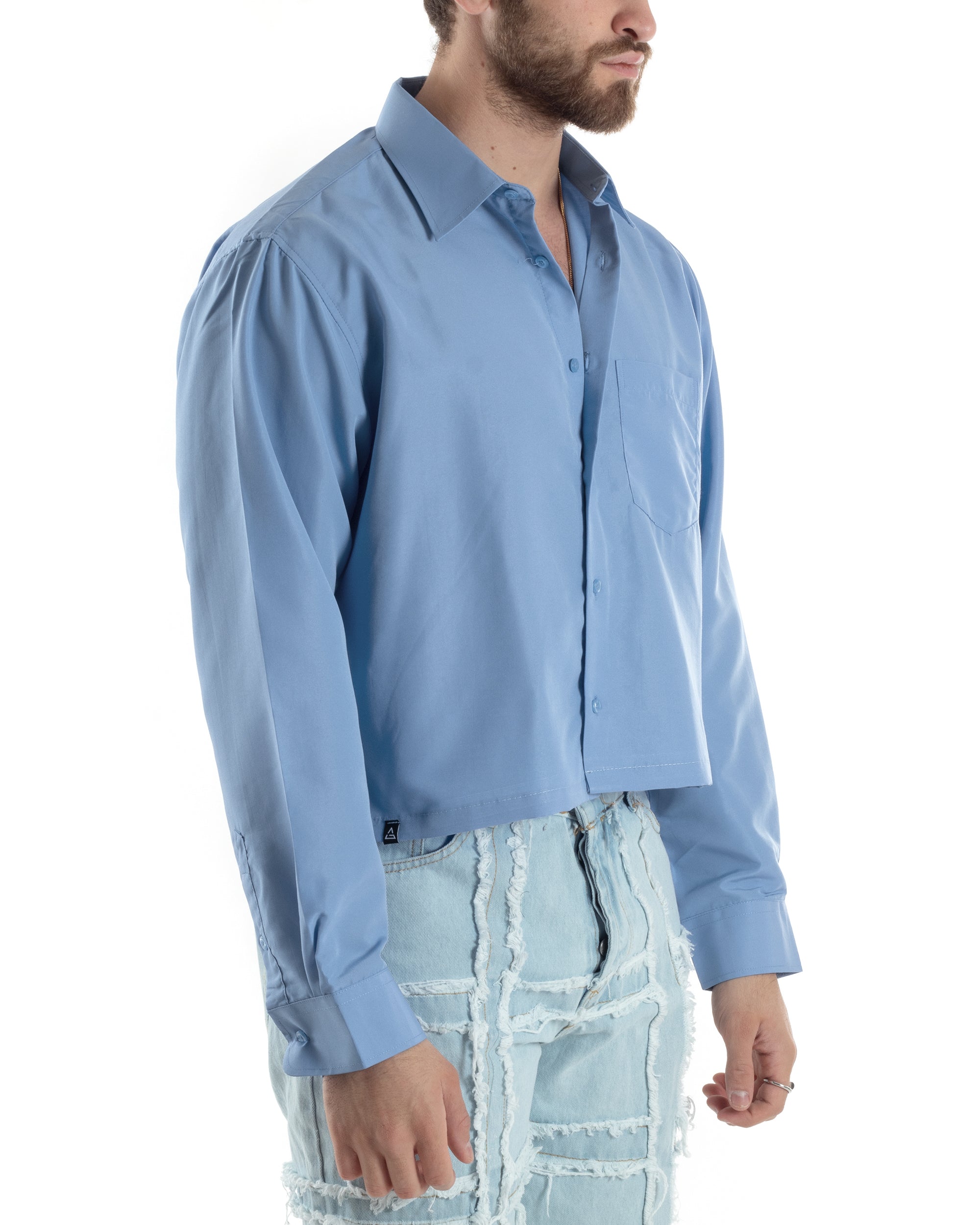 Camicia Uomo Cropped Manica Lunga Tinta Unita Polvere Boxy Fit Casual GIOSAL-C2828A