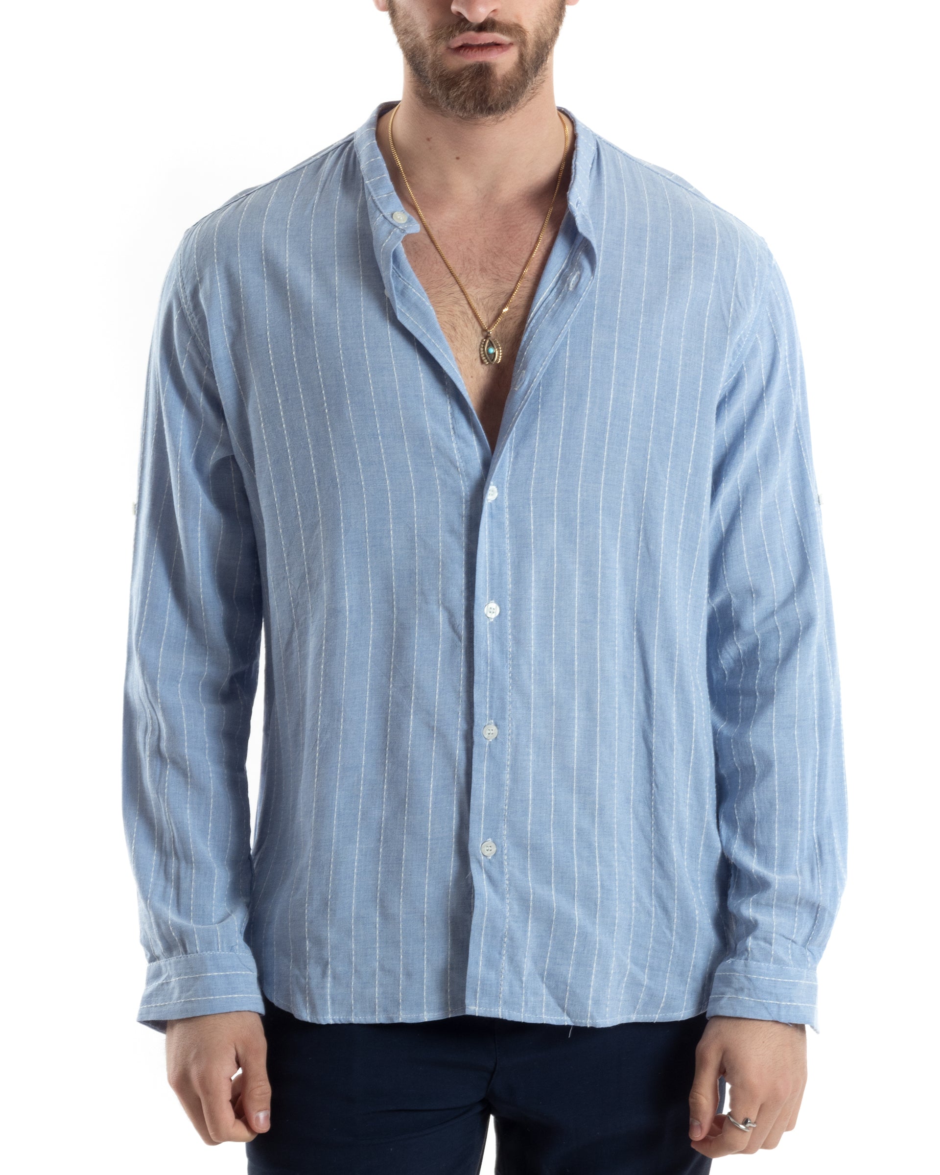 Camicia Uomo Tokyo Laundry Maniche Lunghe In Misto Cotone E Lino - Colletto Grandad, Blu Chiaro, Taglia L - 3