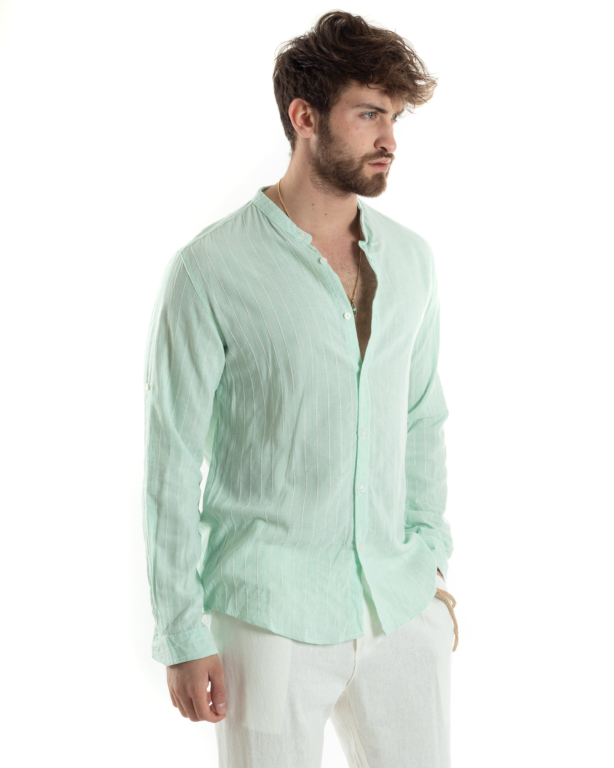 Men's Shirt Korean Collar Long Sleeve Linen Cotton Striped Beige GIOSAL-C2451A