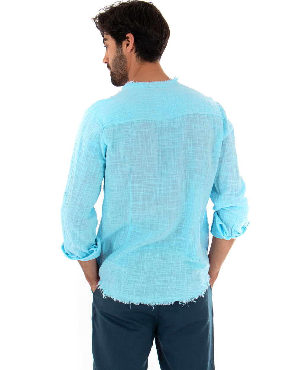 Camicia Uomo Sfrangiata Tinta Unita Azzurro Manica Lunga Casual Cotone Lino GIOSAL-C2834A