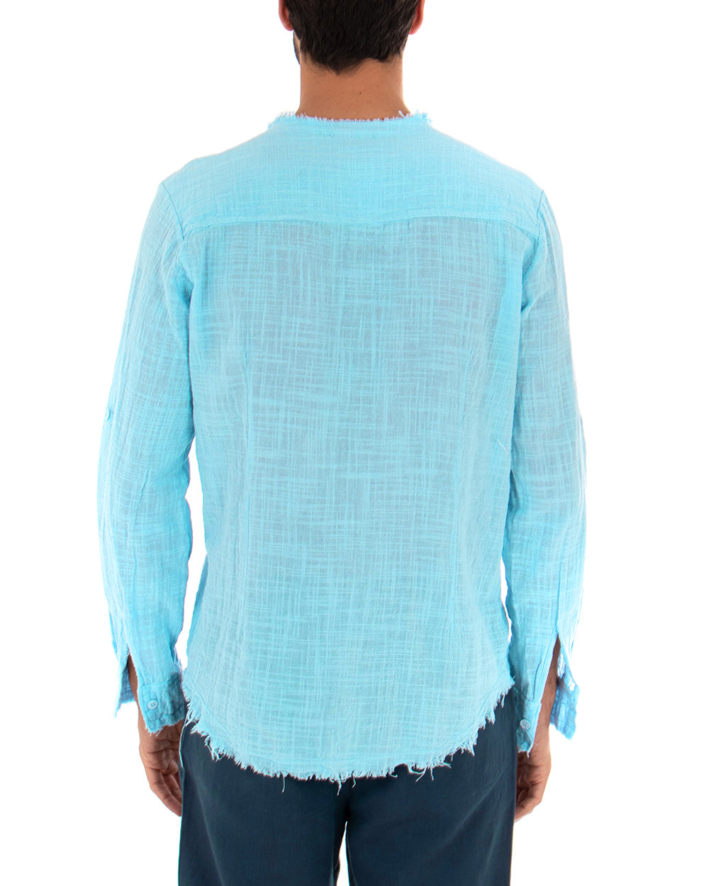 Camicia Uomo Sfrangiata Tinta Unita Azzurro Manica Lunga Casual Cotone Lino GIOSAL-C2834A