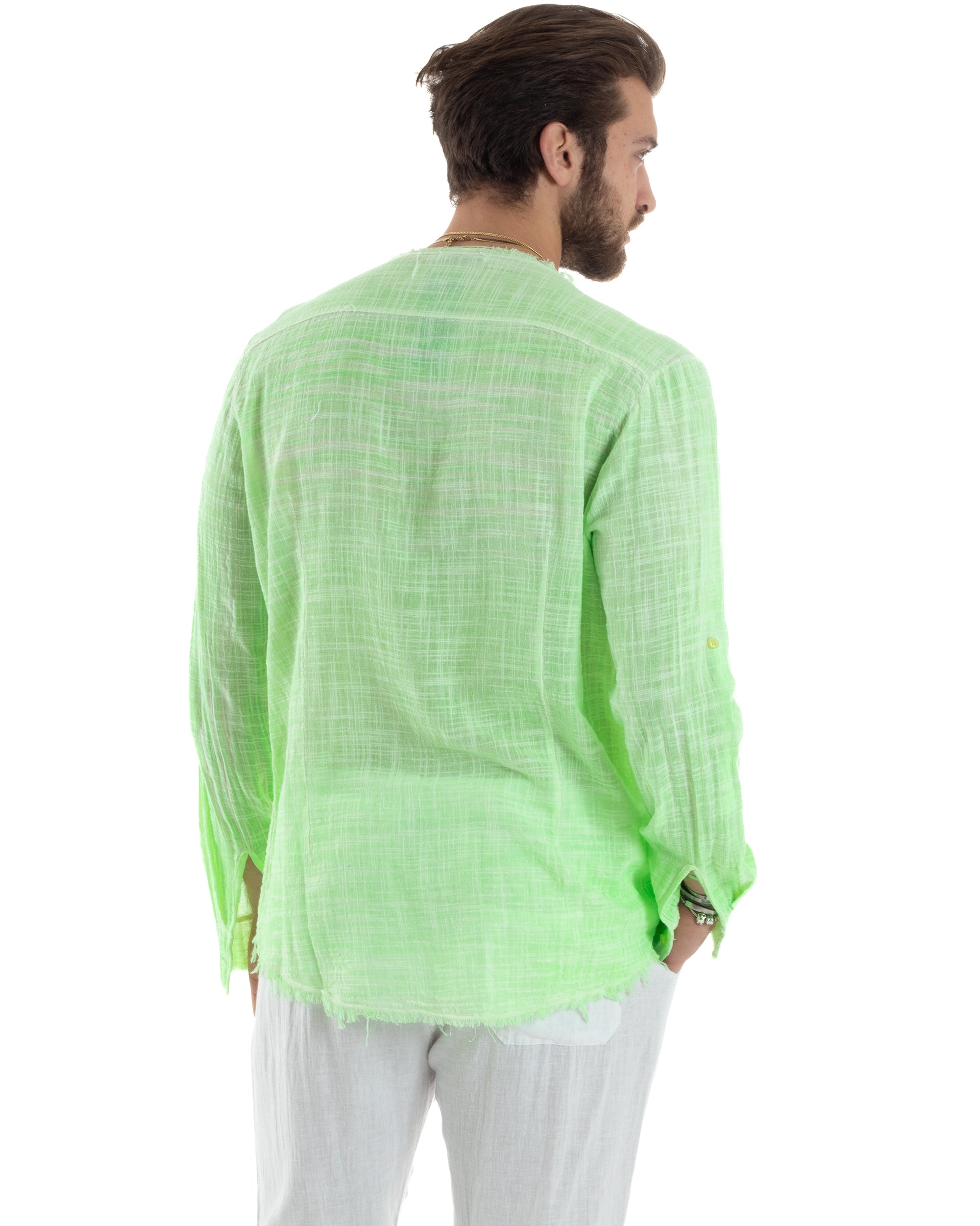 Camicia Uomo Sfrangiata Cotone Lino Morbida Leggera Slavata Tinta Unita Verde Fluo GIOSAL-C2836A