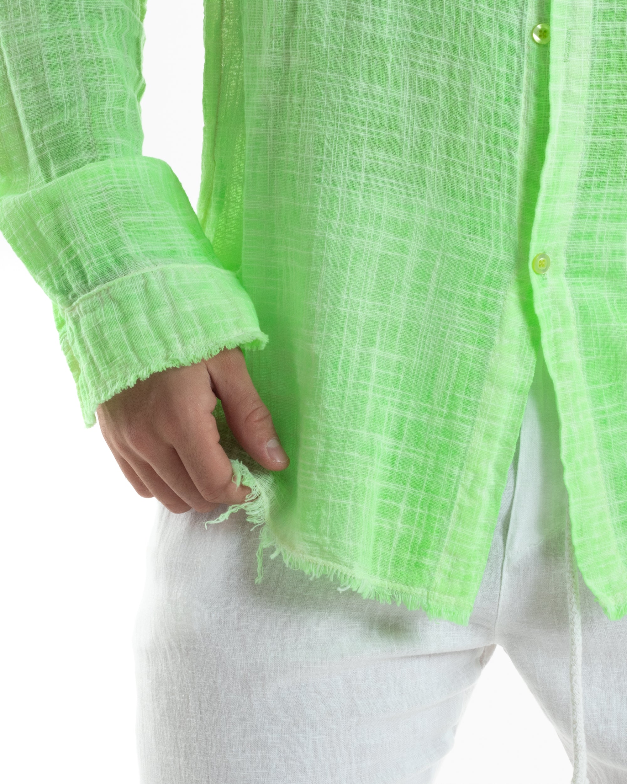 Camicia Uomo Sfrangiata Cotone Lino Manica Lunga Tinta Unita Verde Fluo GIOSAL-C2836A