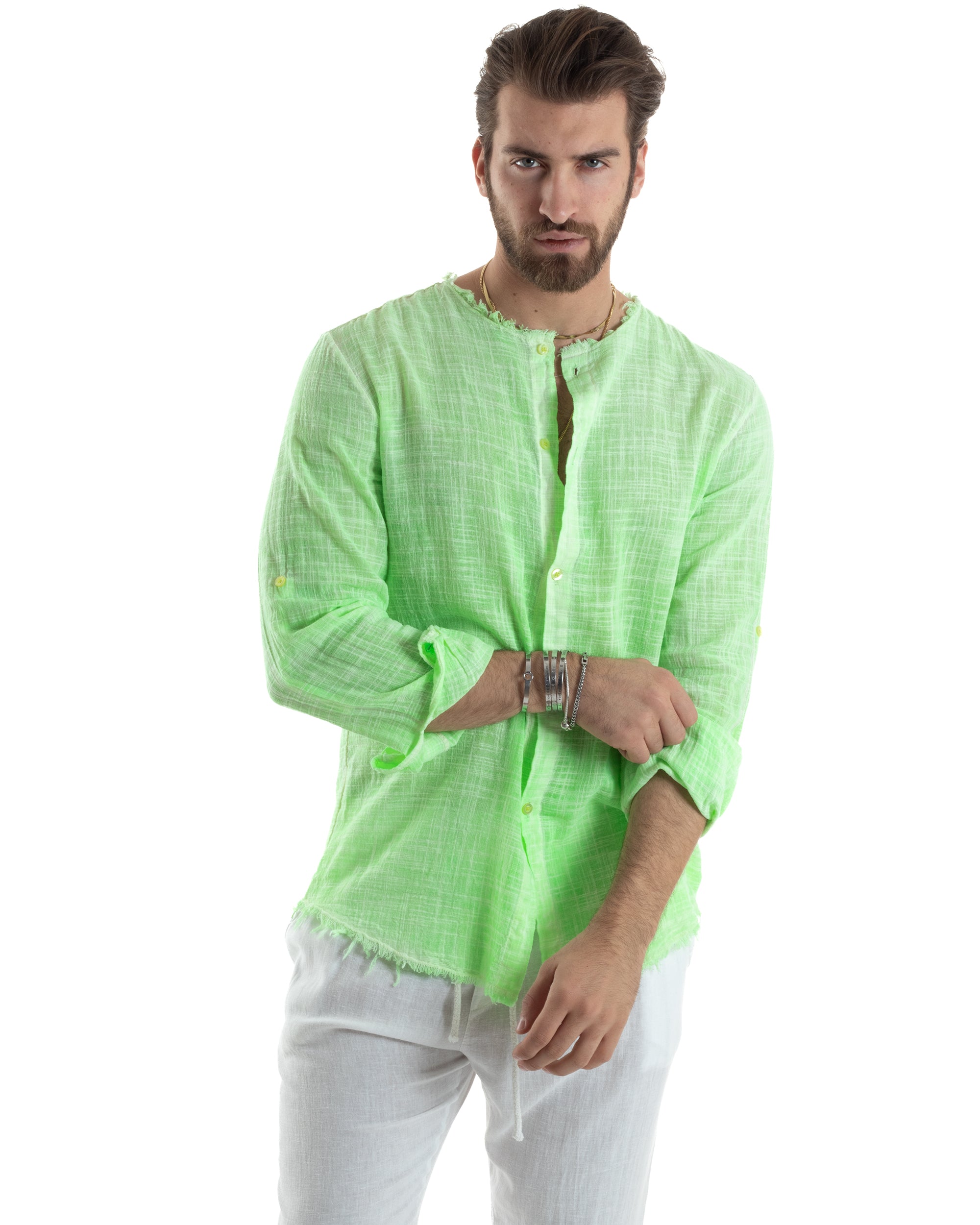 Camicia Uomo Sfrangiata Cotone Lino Manica Lunga Tinta Unita Verde Fluo GIOSAL-C2836A