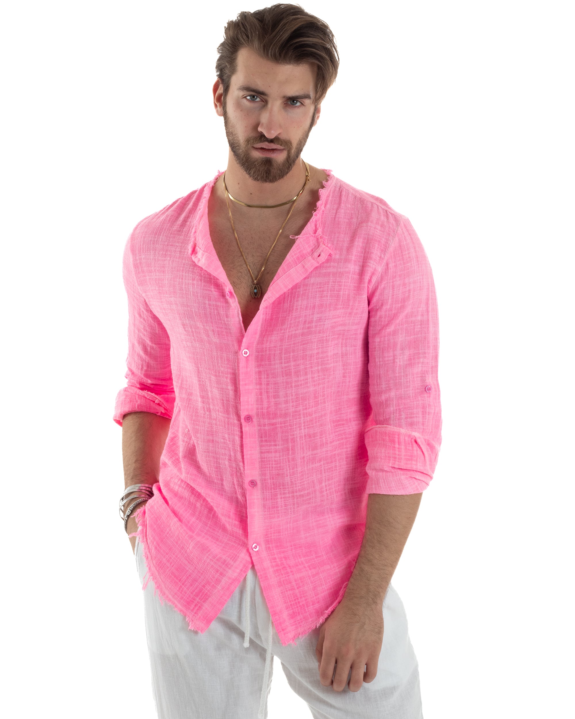 Camicia Uomo Sfrangiata Cotone Lino Manica Lunga Tinta Unita Fuxia Fluo GIOSAL-C2838A