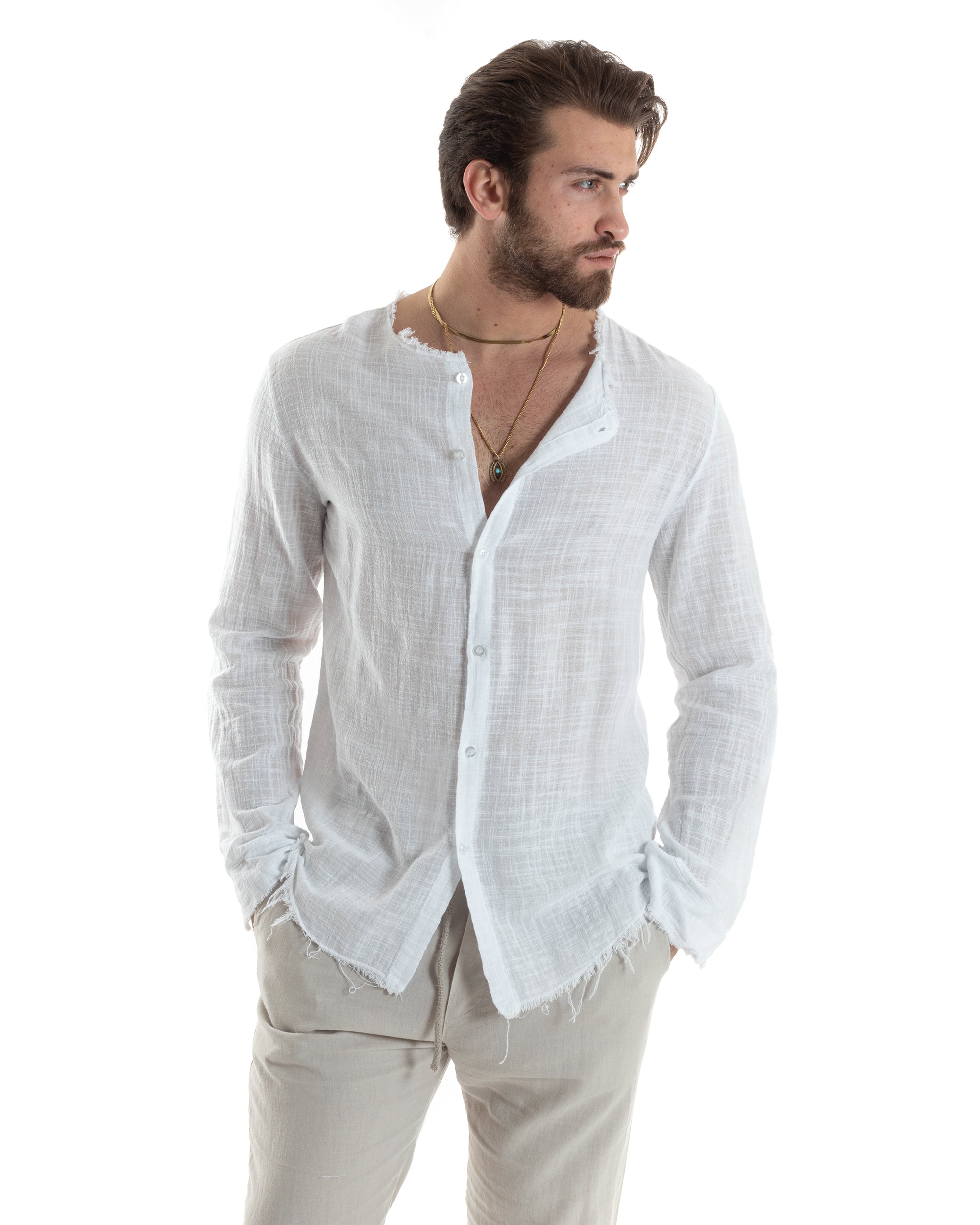 Camicia Uomo Sfrangiata Cotone Lino Maniche Lunghe Tinta Unita Bianco GIOSAL-C2840A