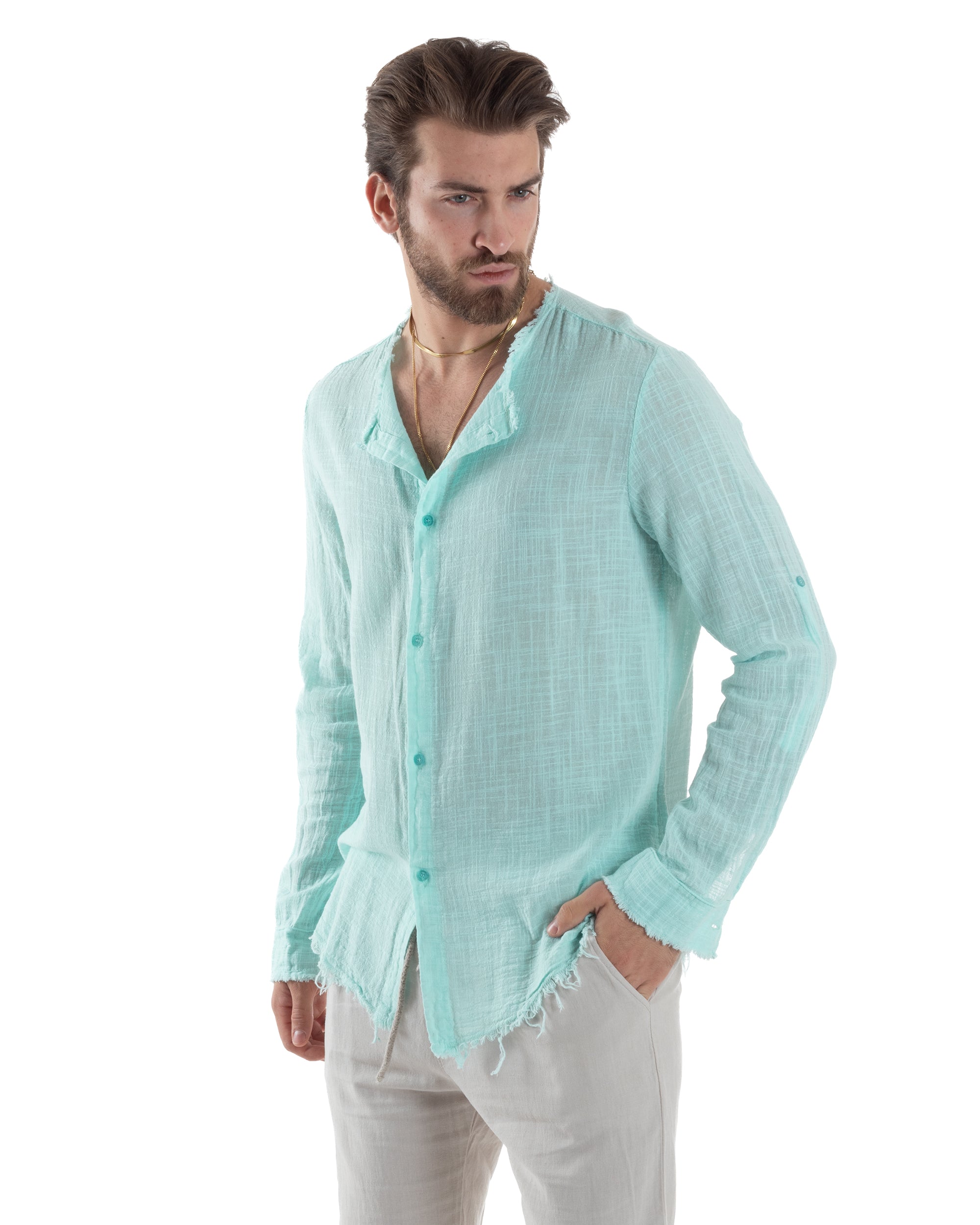 Camicia Uomo Sfrangiata Cotone Lino Maniche Lunghe Tinta Unita Verde Acqua GIOSAL-C2841A