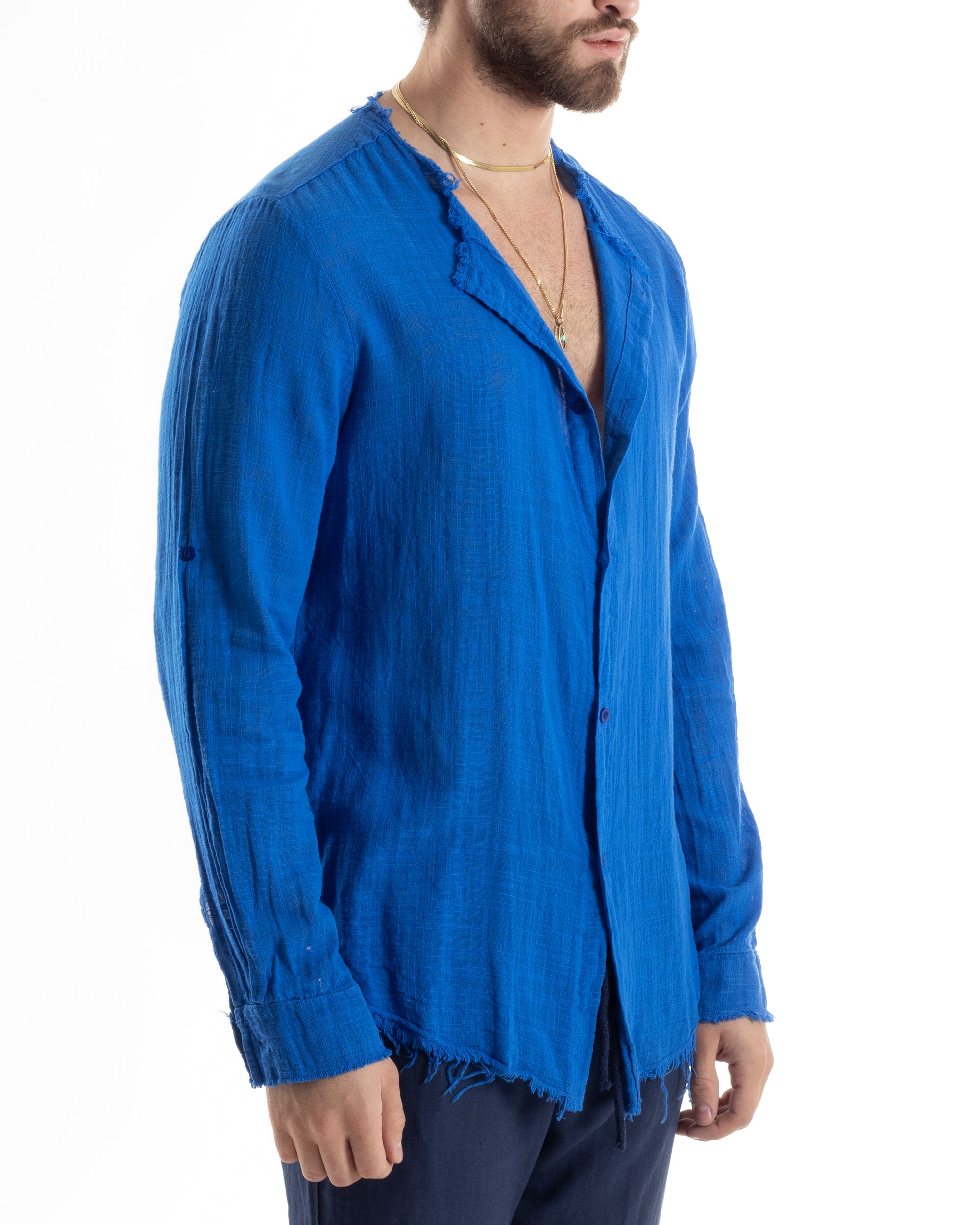 Camicia Uomo Sfrangiata Cotone Lino Maniche Lunghe Tinta Unita Blu Royal GIOSAL-C2842A