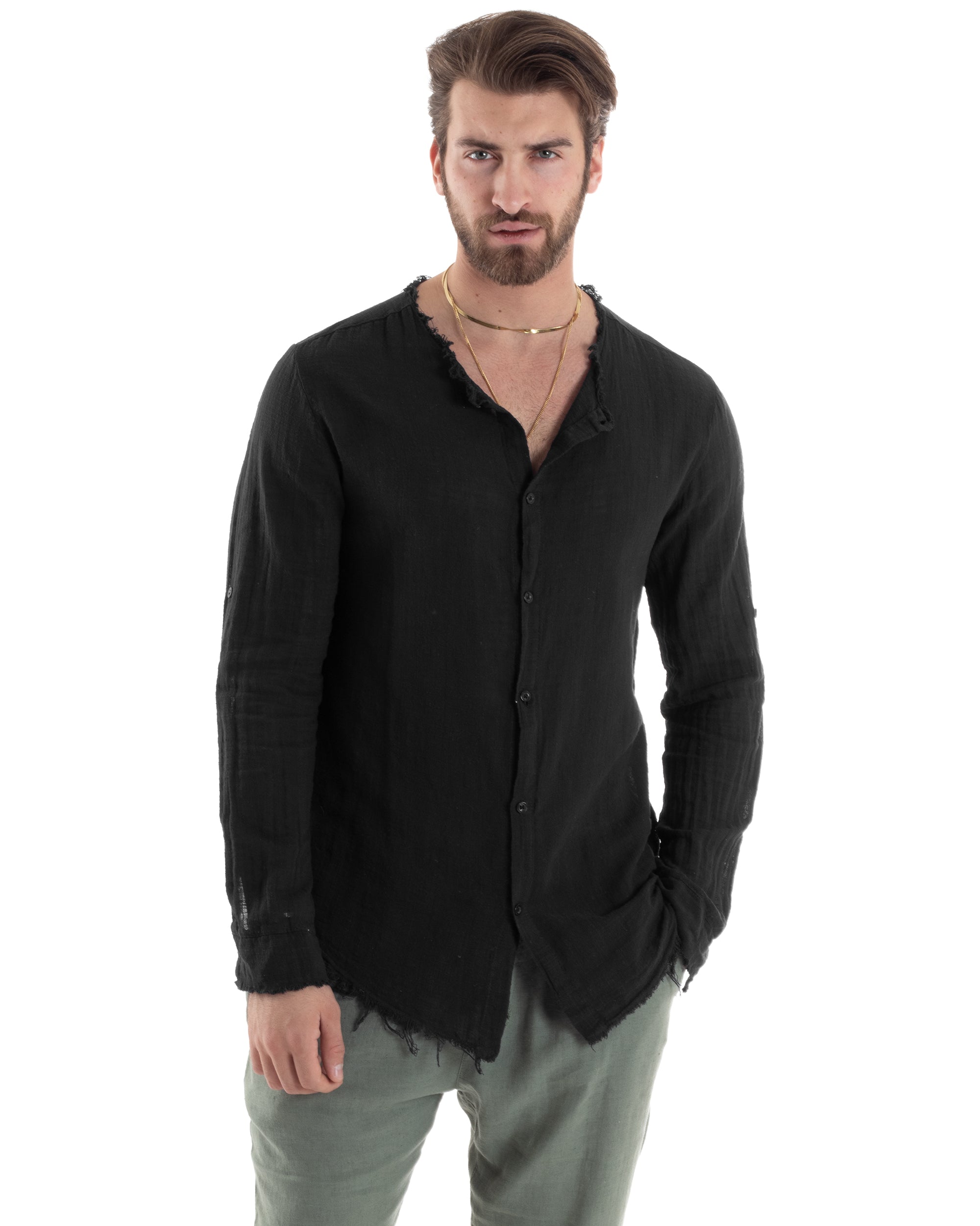 Camicia Uomo Sfrangiata Cotone Lino Manica Lunga Tinta Unita Nero GIOSAL-C2843A