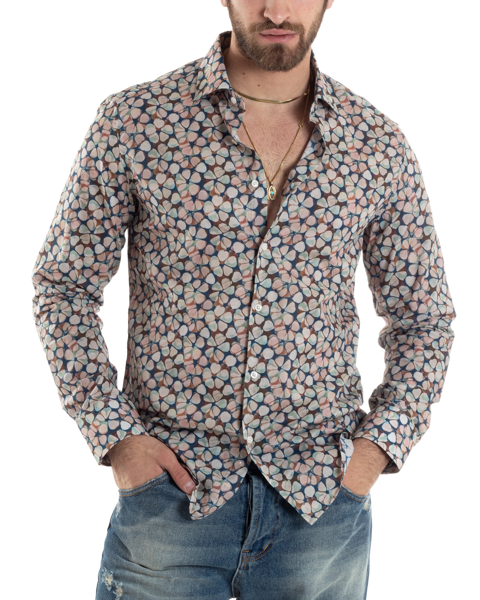 Camicia Uomo Maniche Lunghe Collo Francese Con Colletto Slim Fit Multicolore Fantasia Floreale GIOSAL-C2845A