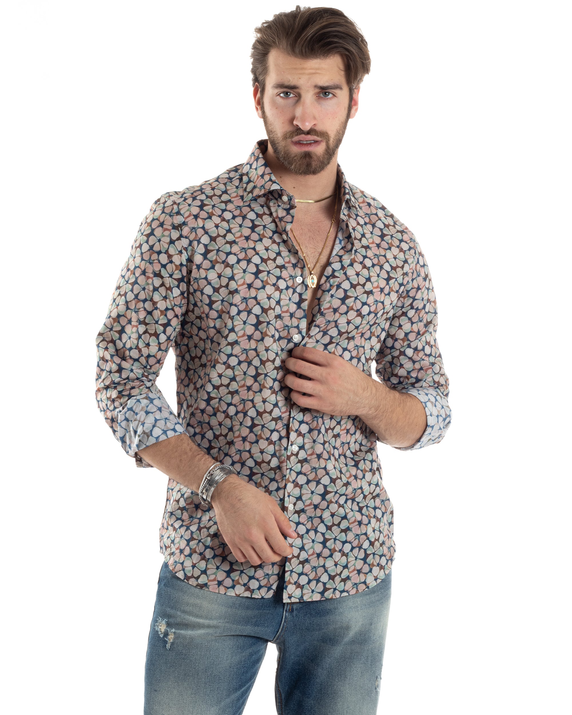 Camicia Uomo Maniche Lunghe Collo Francese Con Colletto Slim Fit Multicolore Fantasia Floreale GIOSAL-C2845A