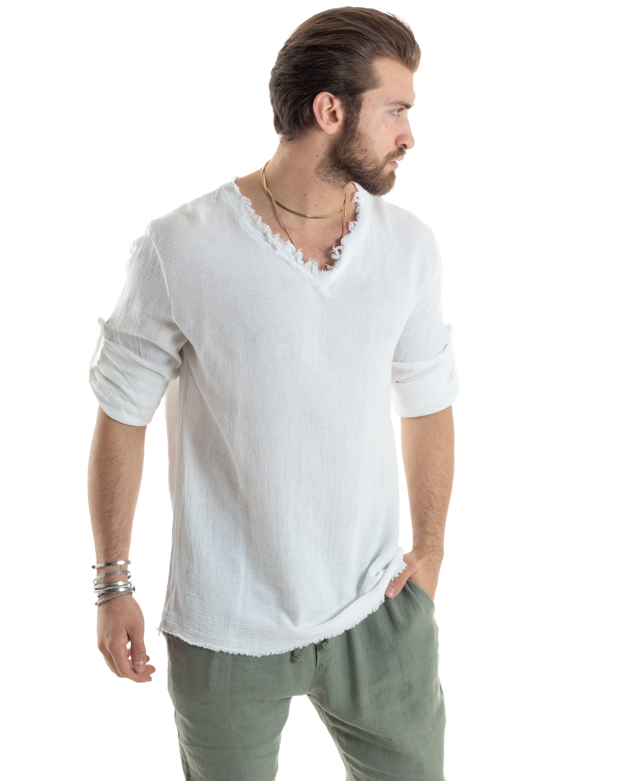 Men's Shirt V-Neck Long Sleeve Regular Fit Cotton Linen Frayed Beige GIOSAL-C2405A