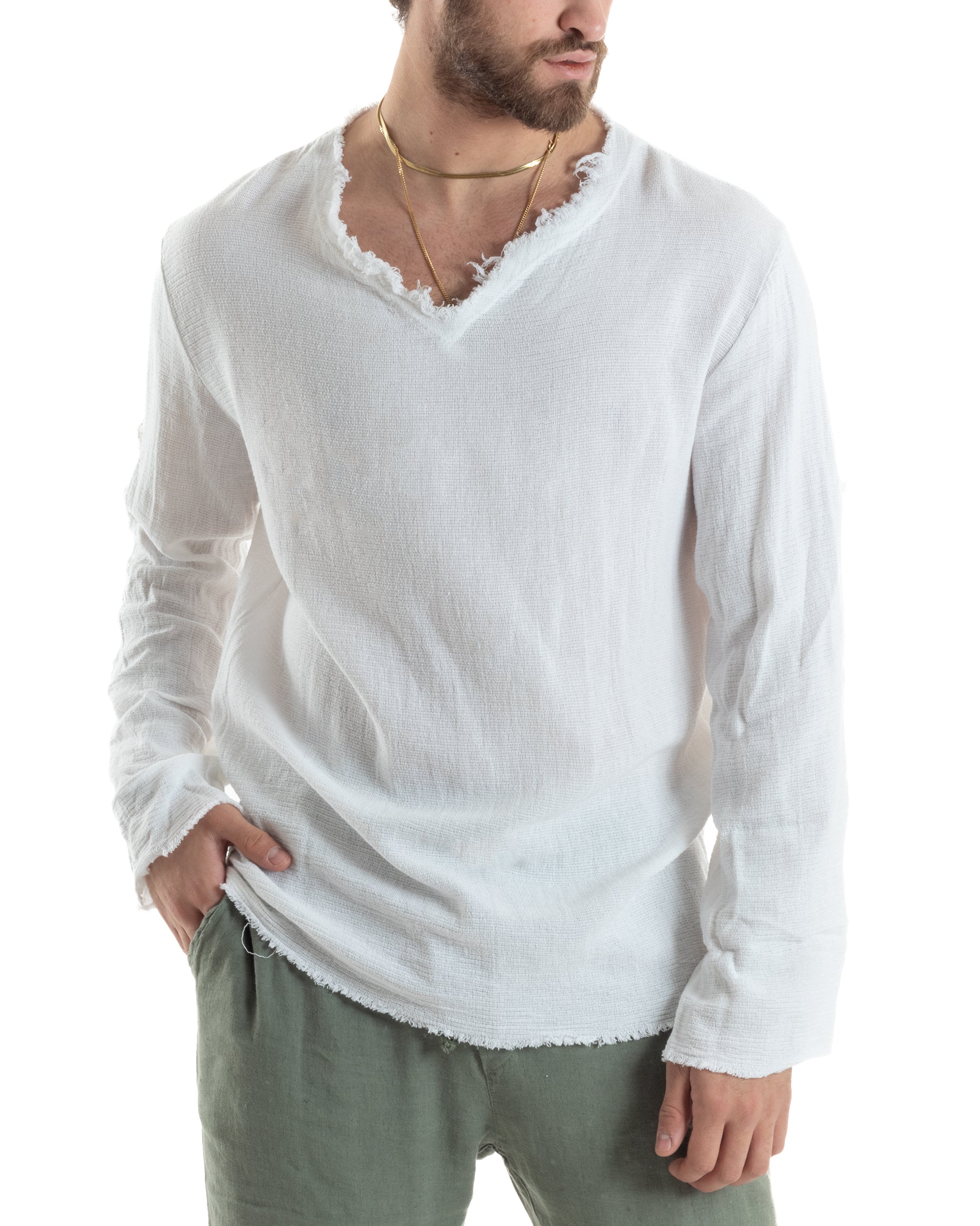 Men's Shirt V-Neck Long Sleeve Regular Fit Cotton Linen Frayed Beige GIOSAL-C2405A
