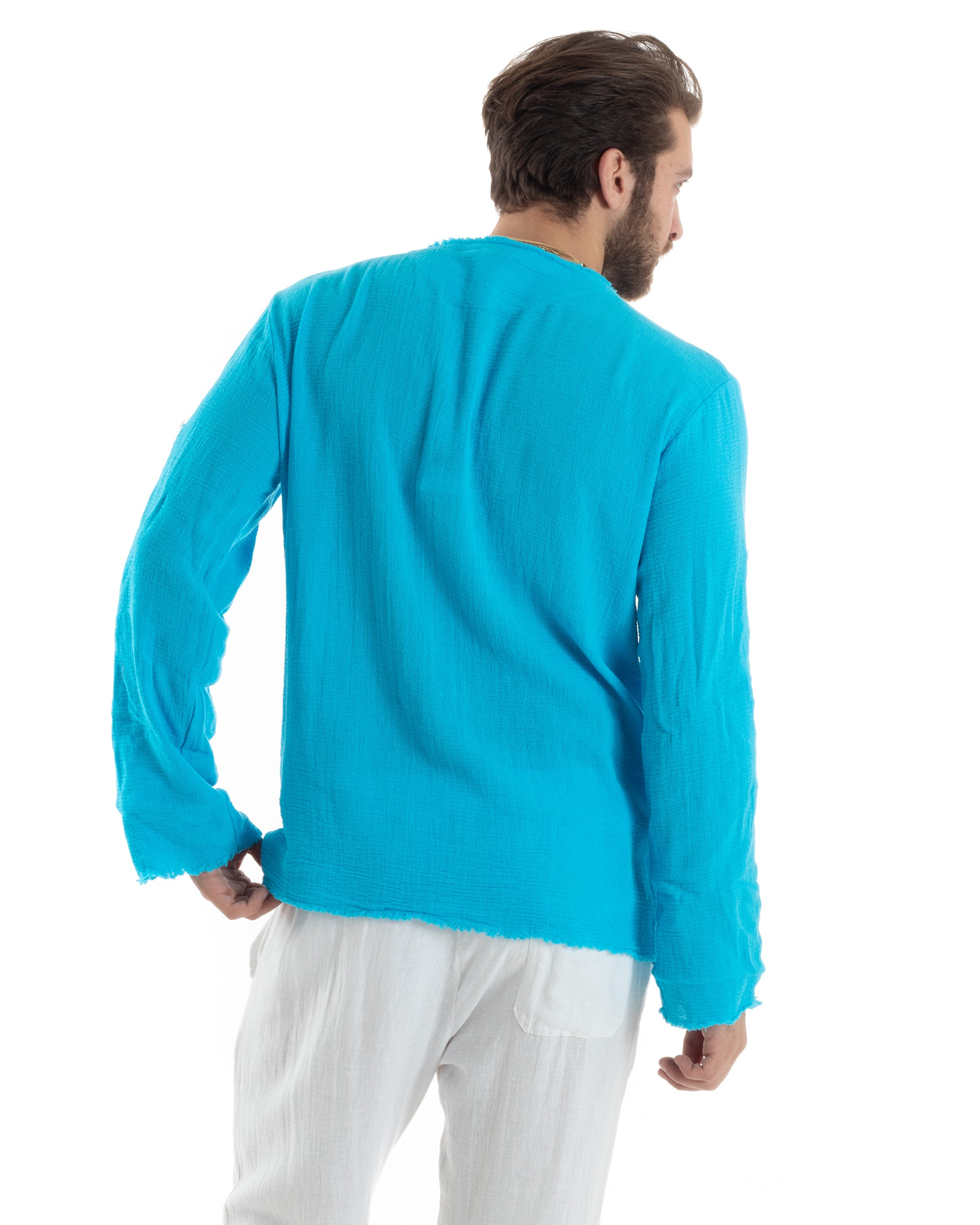 Men's Shirt V-Neck Long Sleeve Regular Fit Cotton Linen Frayed Beige GIOSAL-C2405A