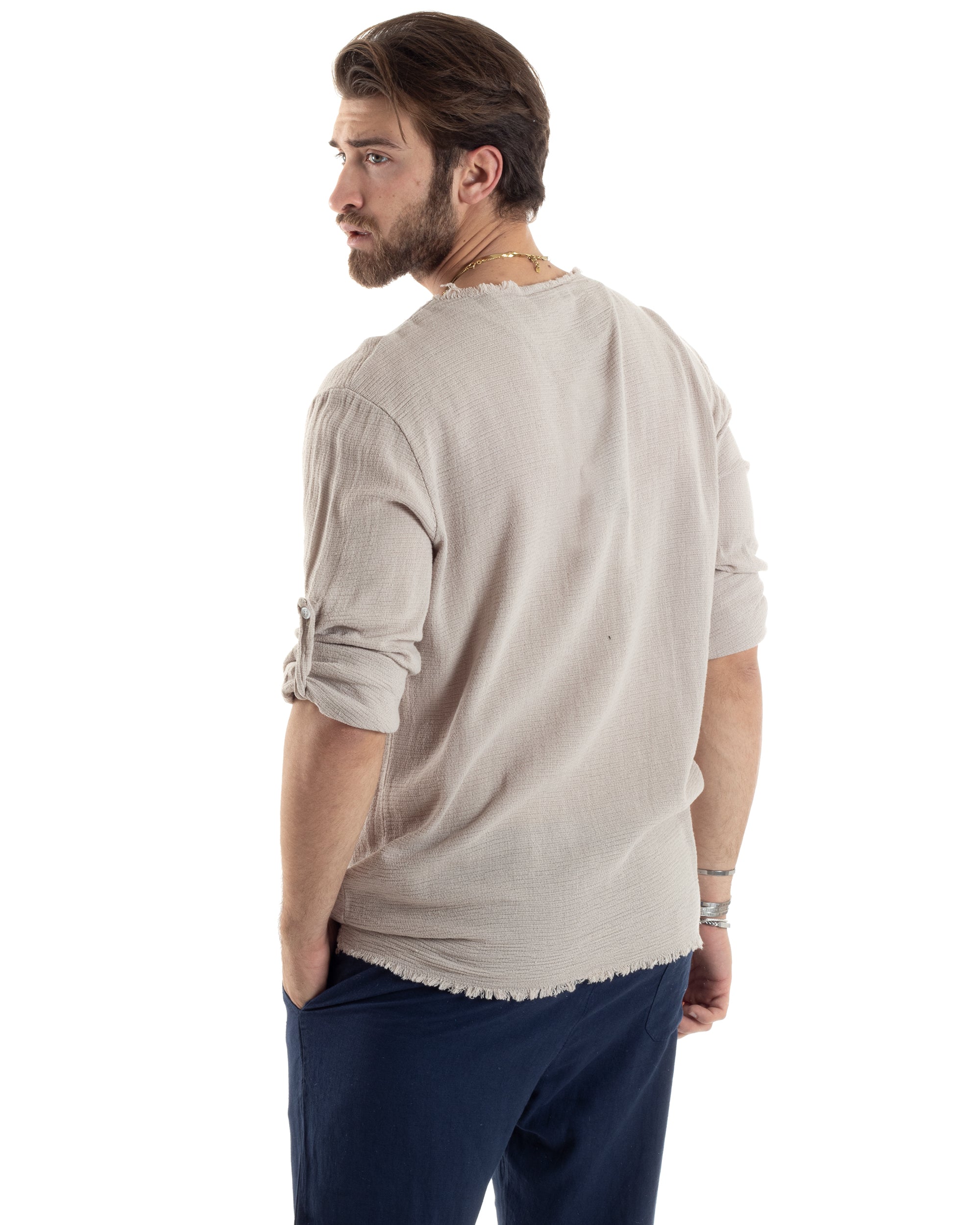 Men's Shirt V-Neck Long Sleeve Regular Fit Cotton Linen Frayed Beige GIOSAL-C2405A